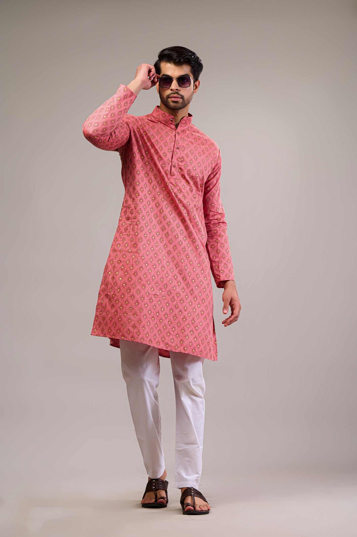 Pink Gold Printed Men's Long Kurta