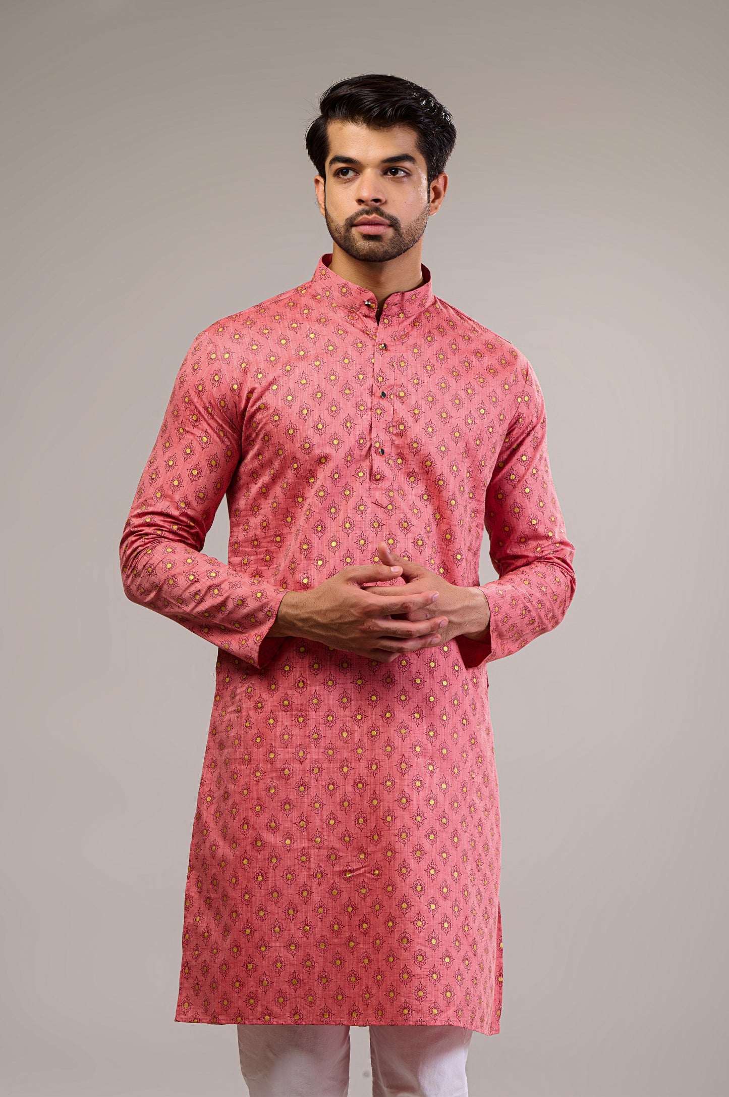 Pink Gold Printed Men's Long Kurta