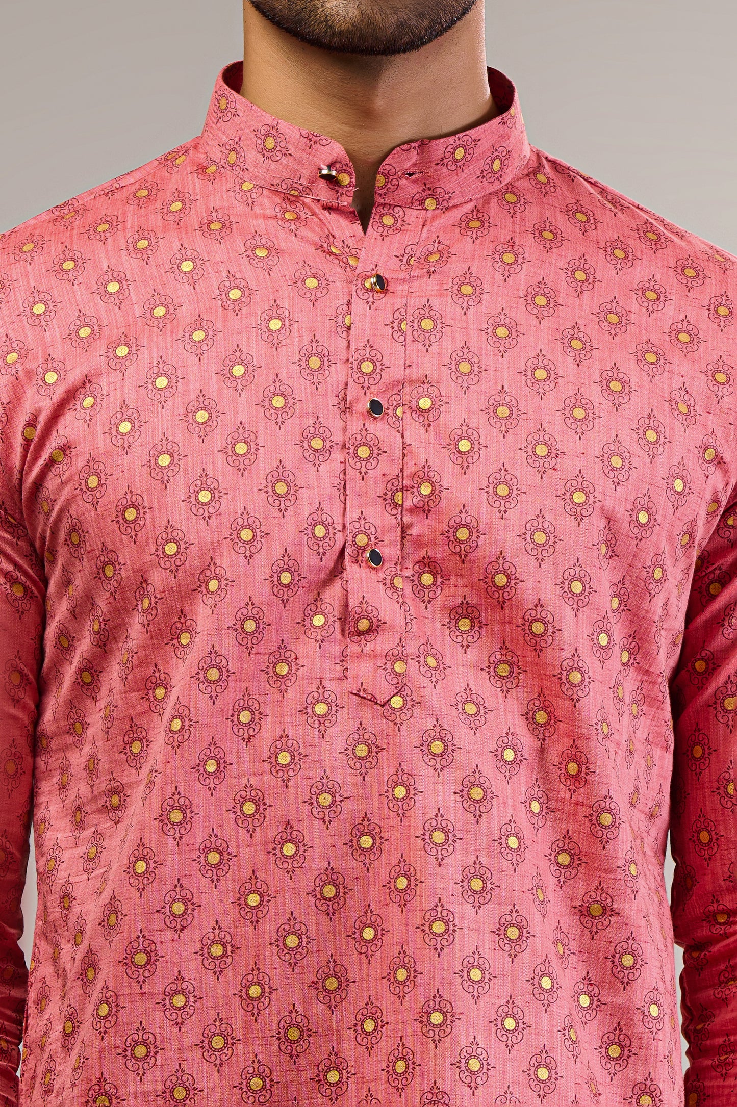 Pink Gold Printed Men's Long Kurta