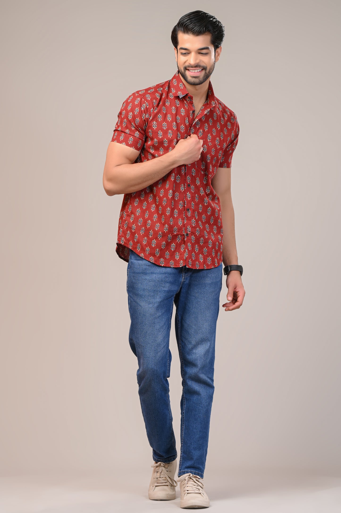 Scarlet Flower Print Men’s Half Sleeve Shirt