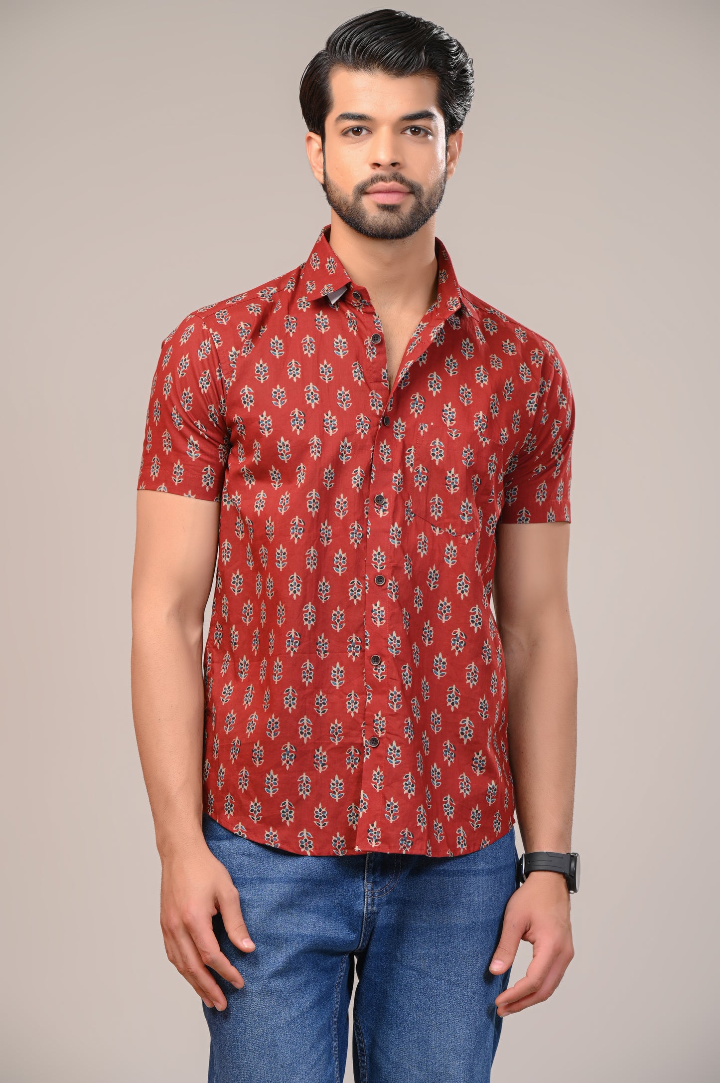 Scarlet Flower Print Men’s Half Sleeve Shirt