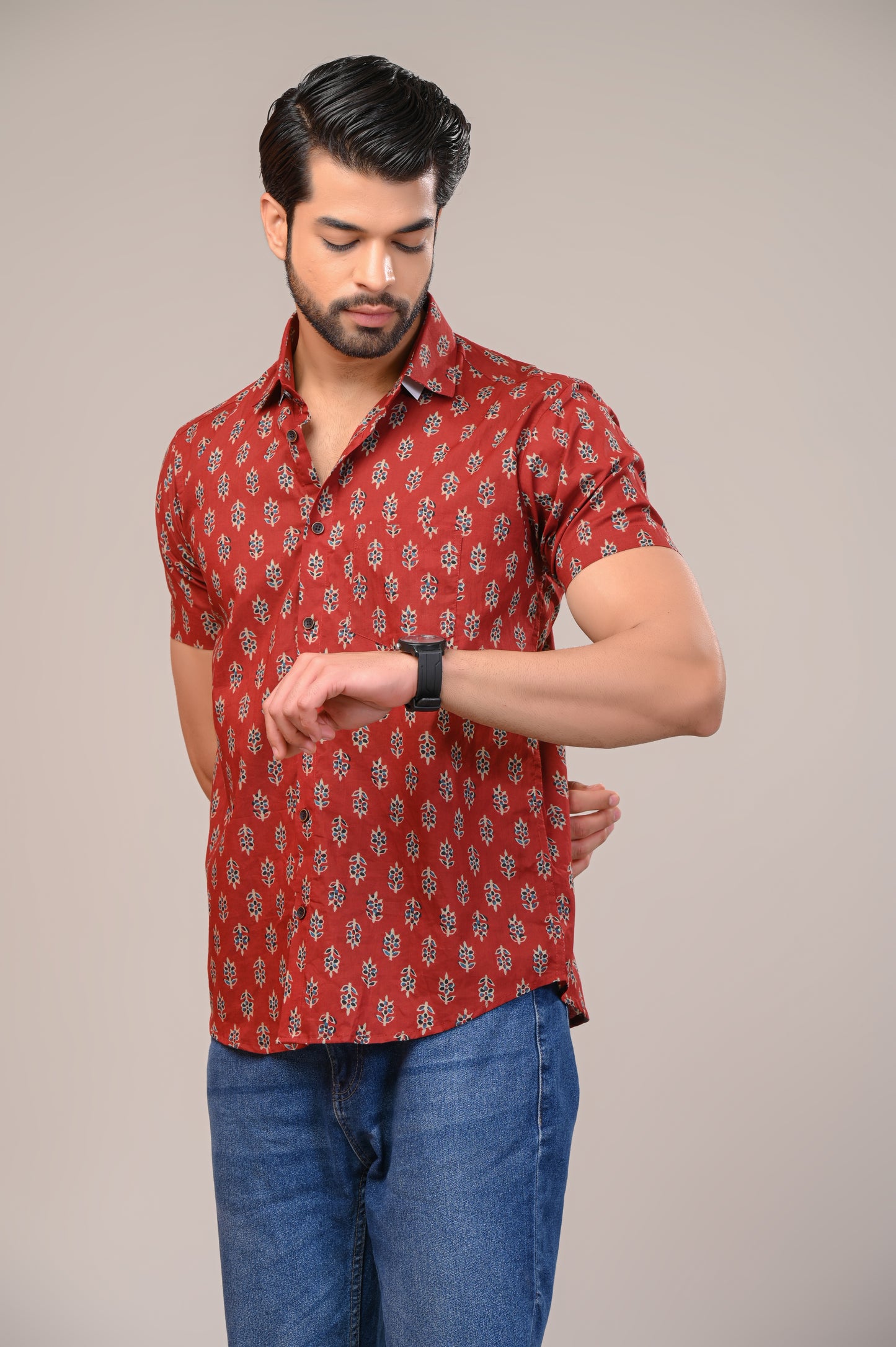 Scarlet Flower Print Men’s Half Sleeve Shirt