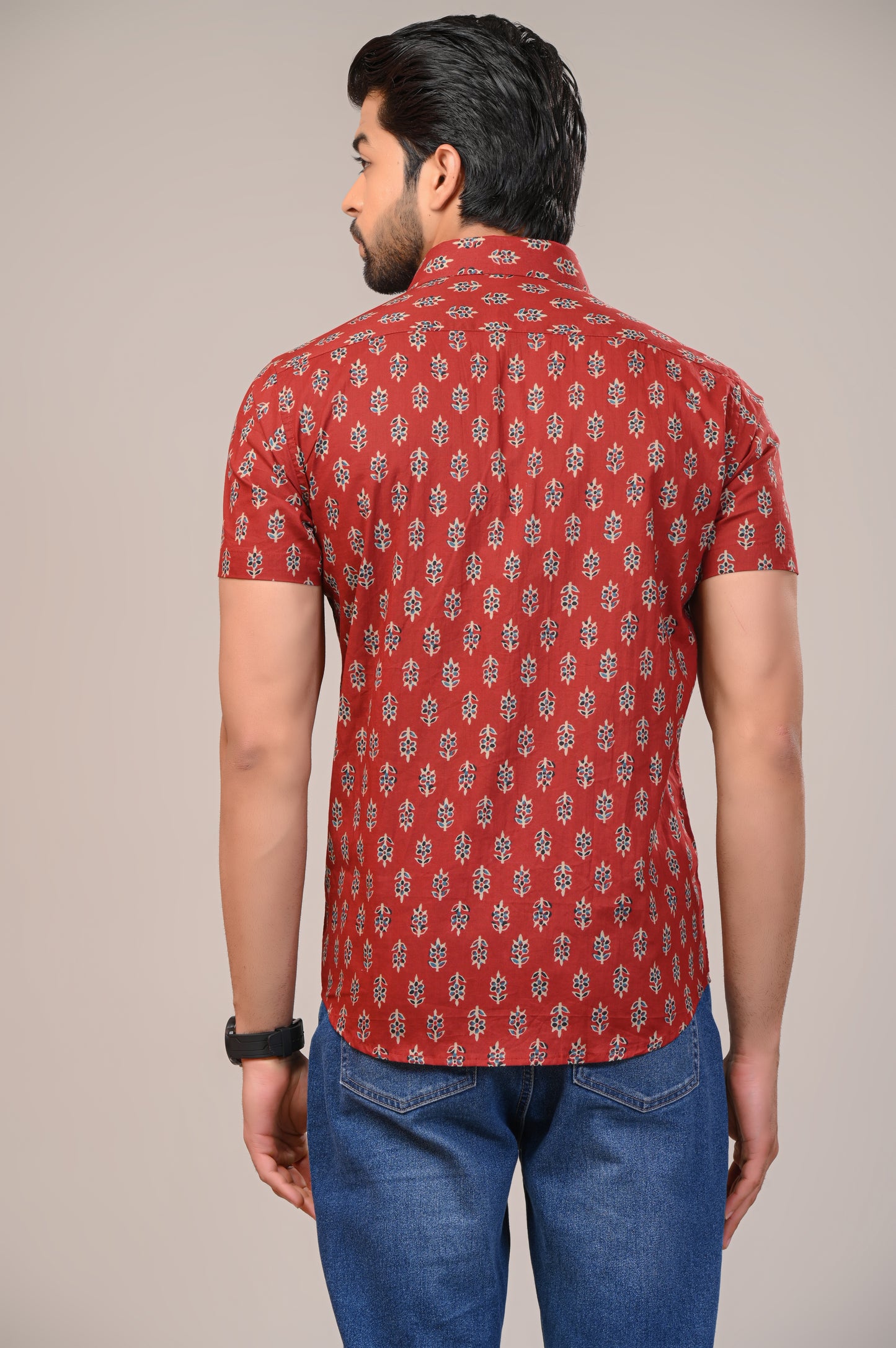 Scarlet Flower Print Men’s Half Sleeve Shirt