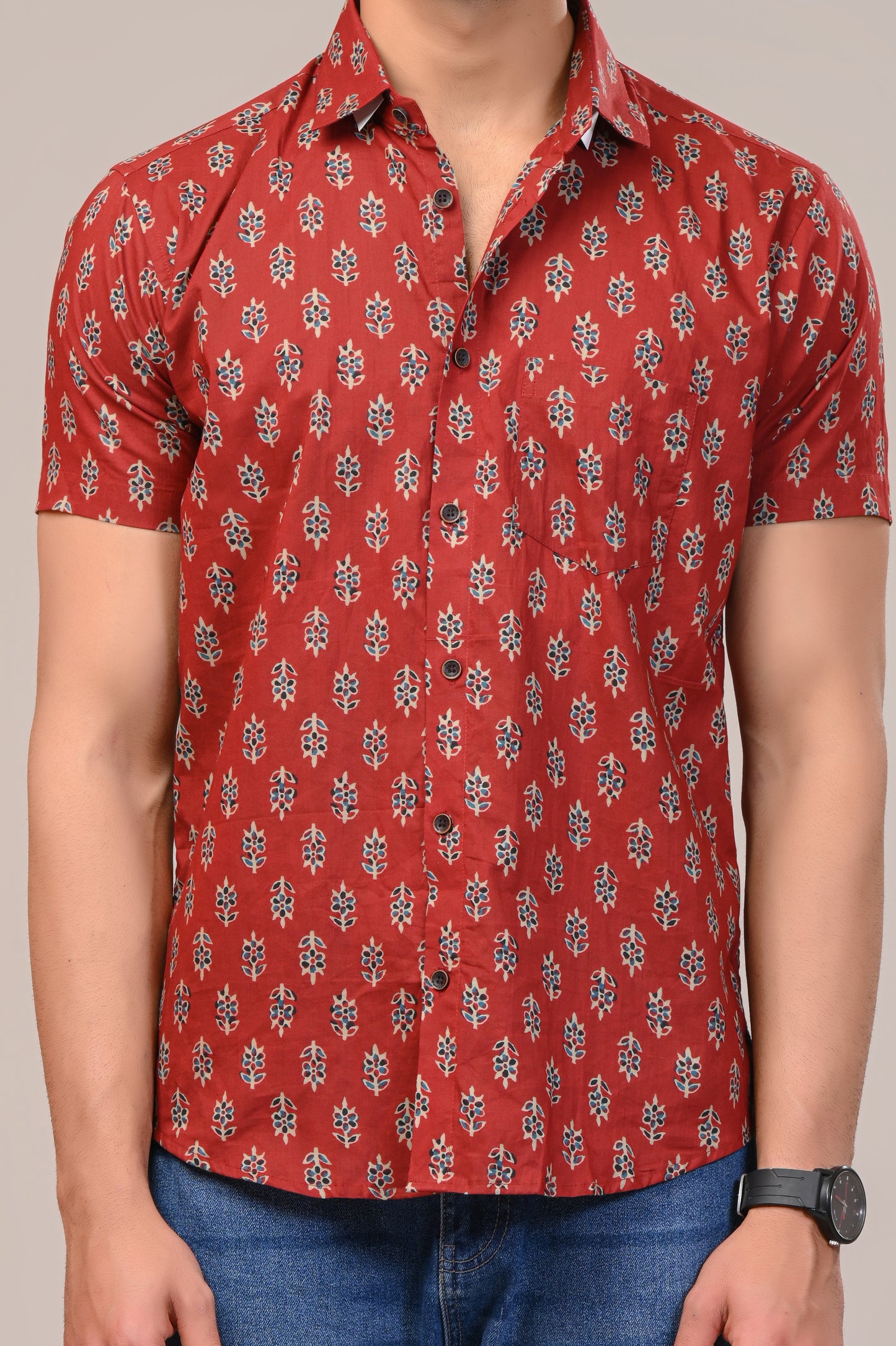 Scarlet Flower Print Men’s Half Sleeve Shirt