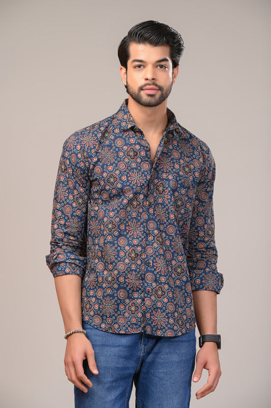 Handcrafted Ajrakh Print Full Sleeve Shirt