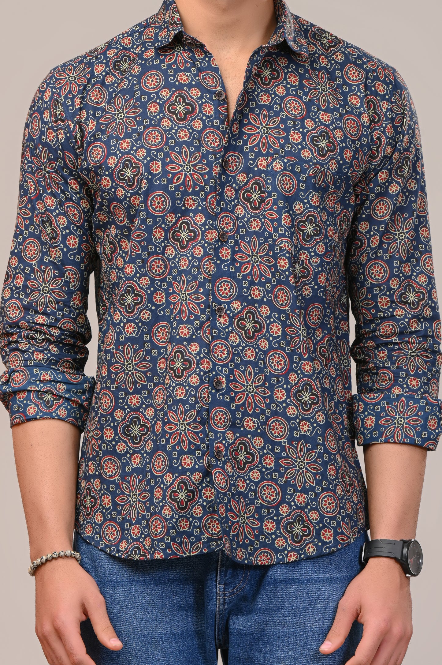 Handcrafted Ajrakh Print Full Sleeve Shirt