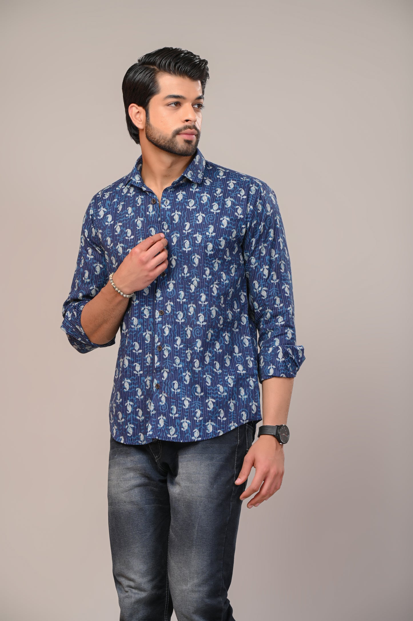 Indigo Kaatha Print Full Sleeve Shirt