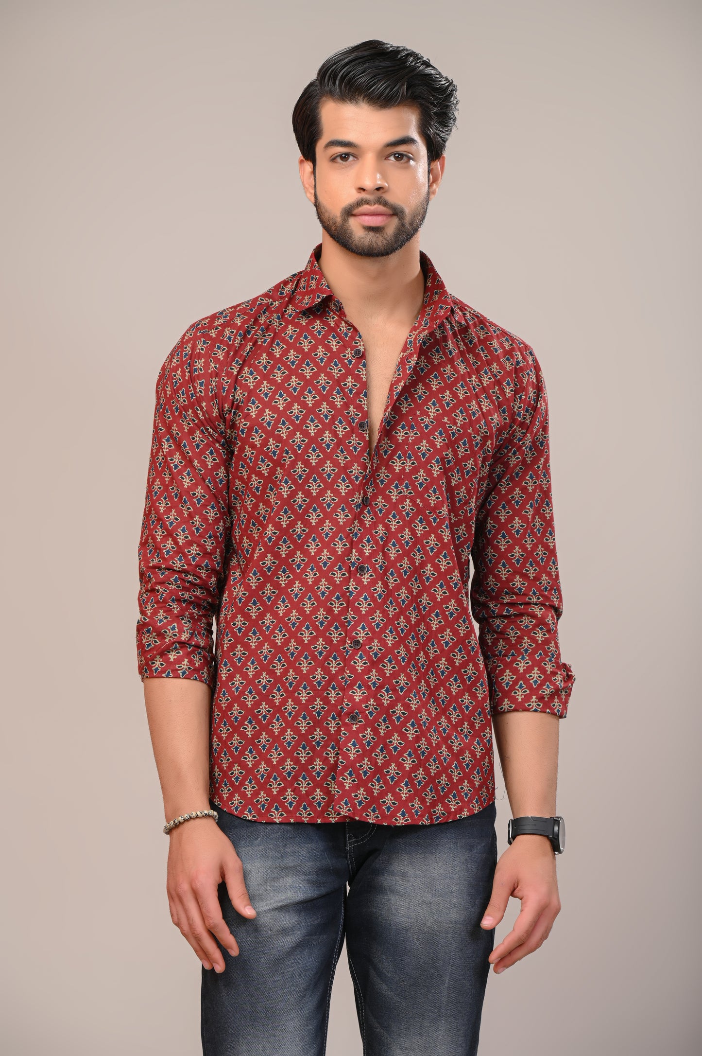 Brick Red Print Full Sleeve Shirt