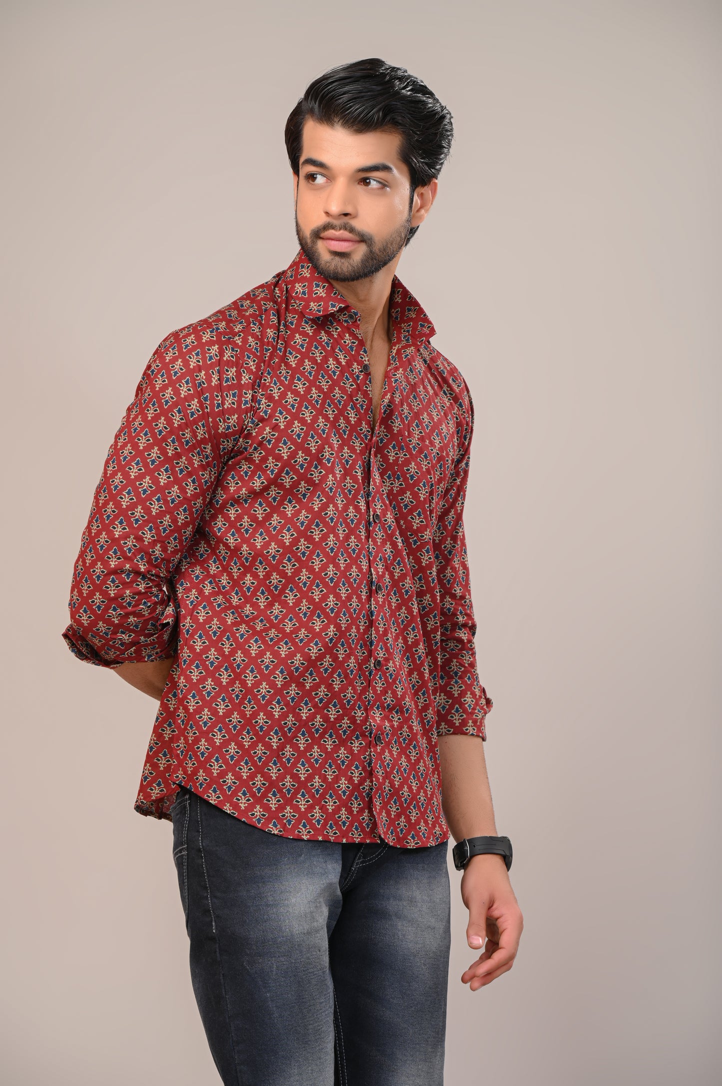 Brick Red Print Full Sleeve Shirt