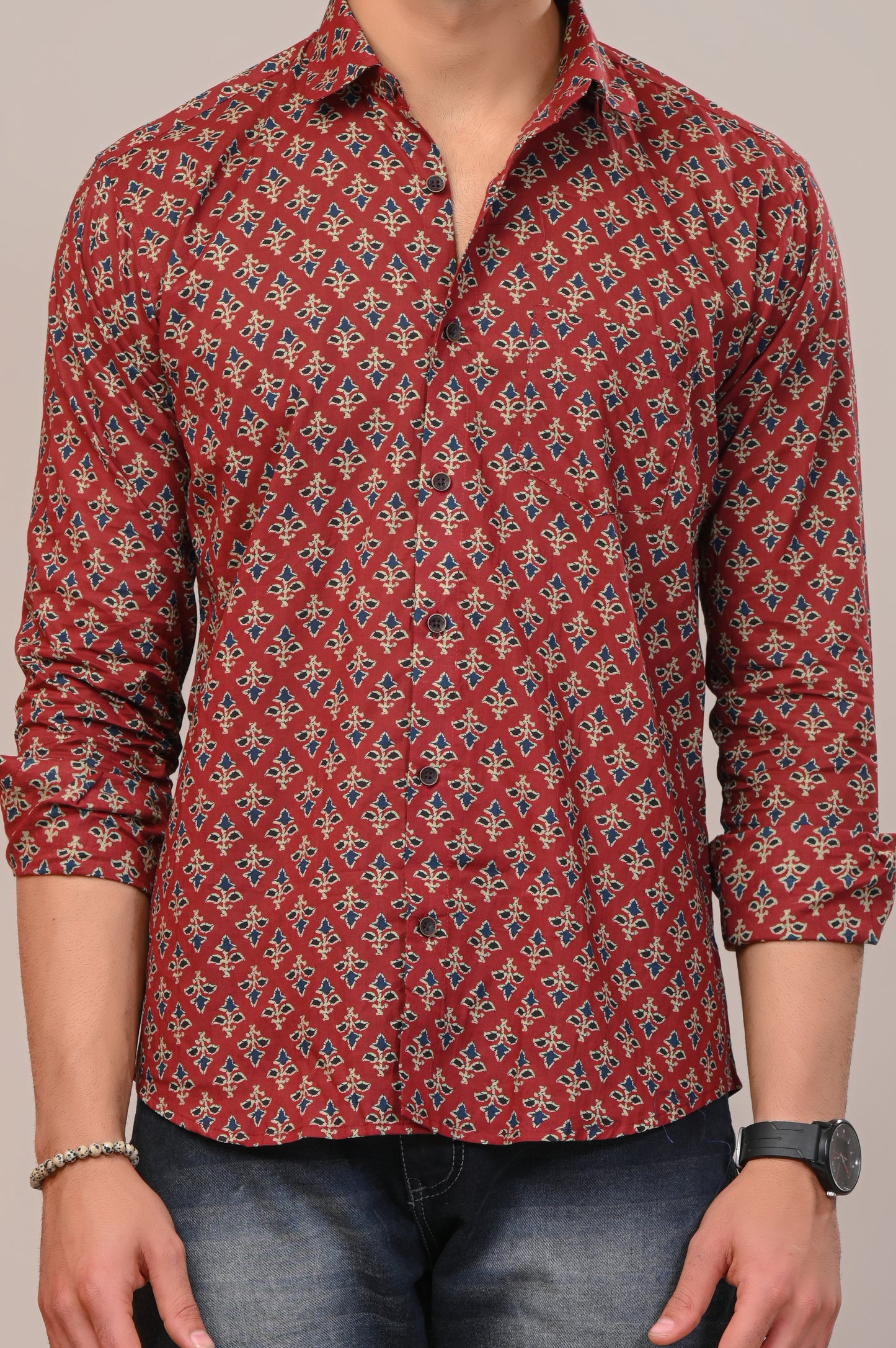 Brick Red Print Full Sleeve Shirt