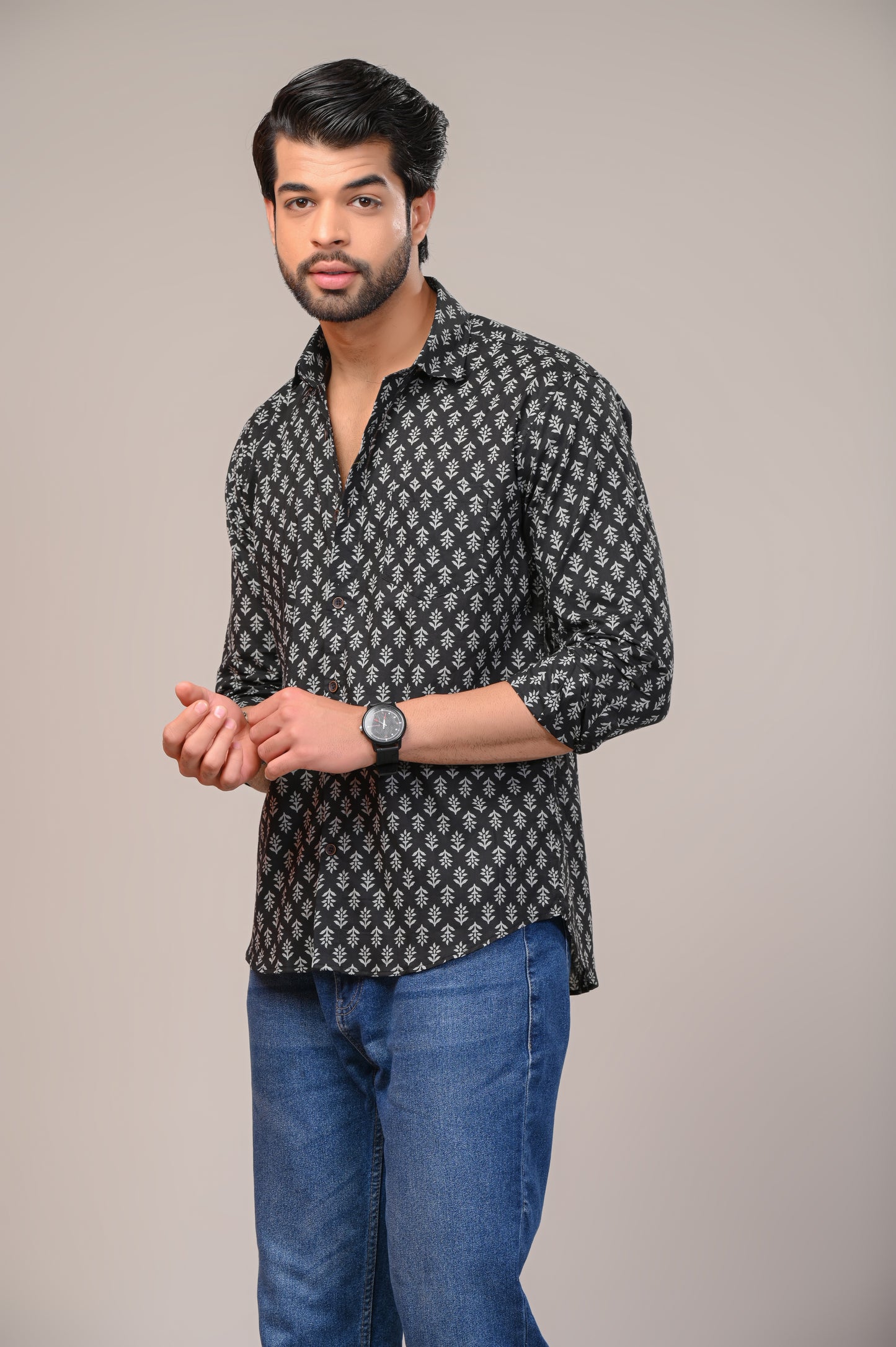 Graphite Petal Print Full Sleeve Shirt