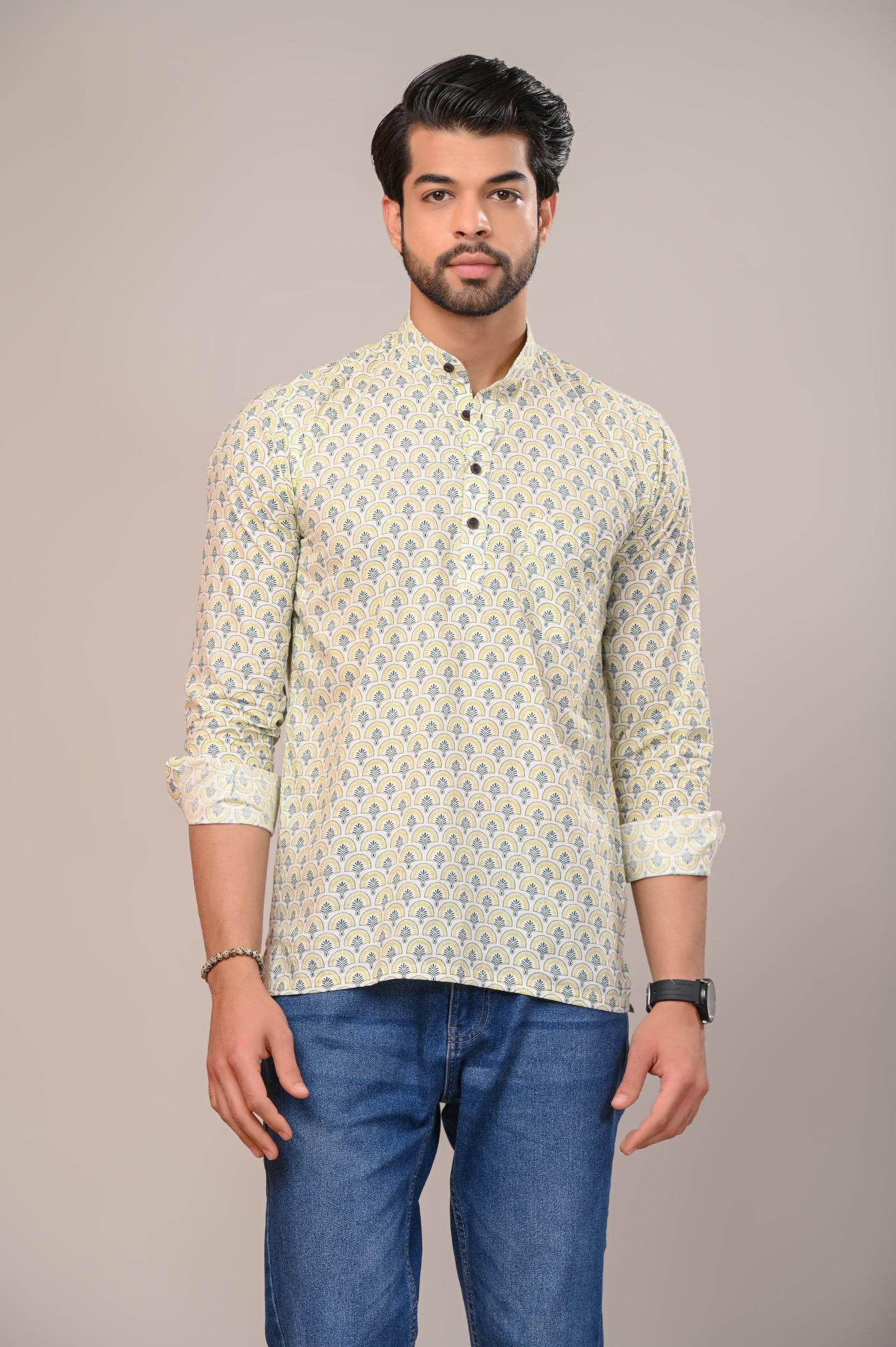 Lime Peacock Luster Jaipuri Printed Men’s Kurta Shirt