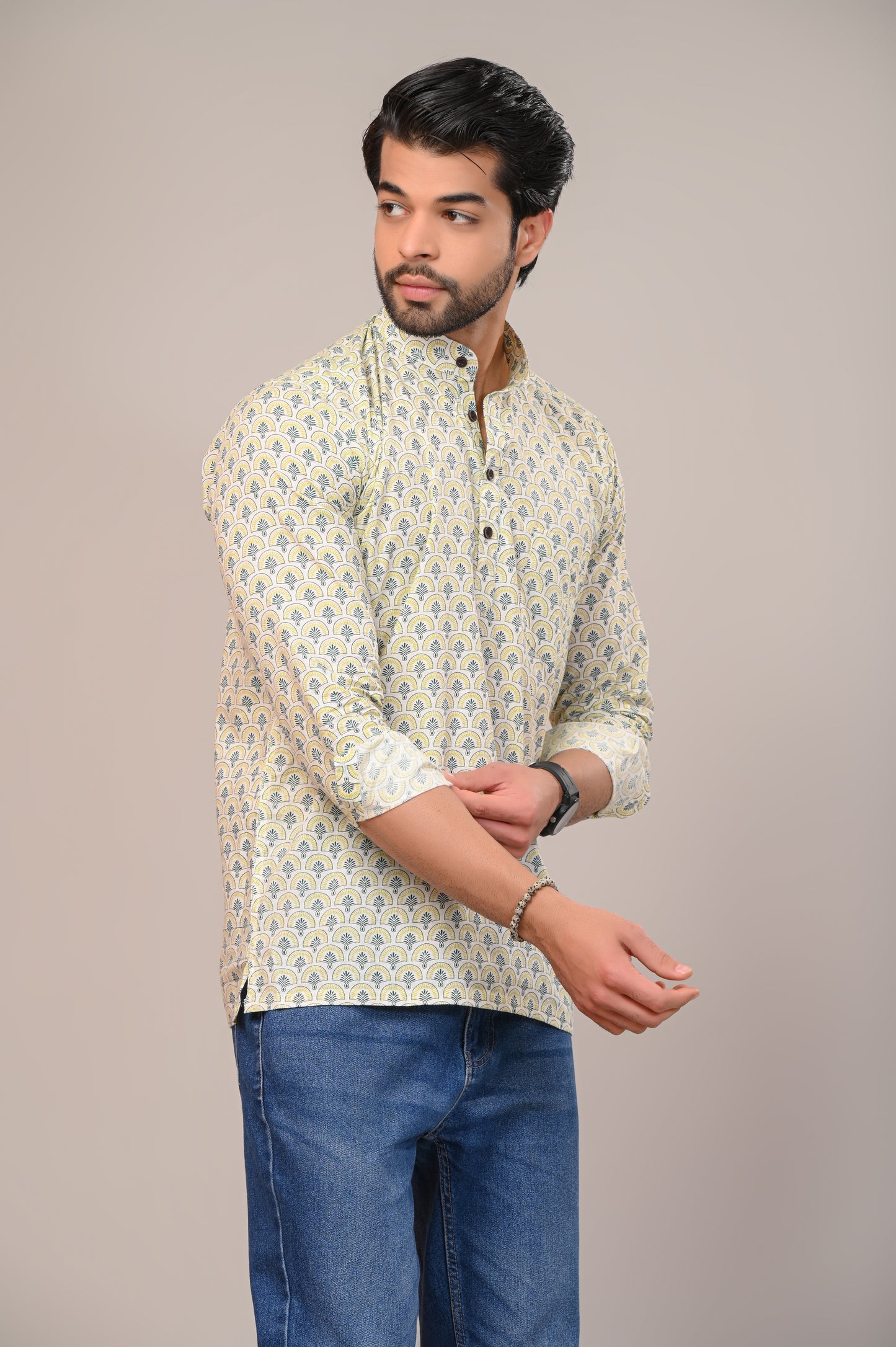 Lime Peacock Luster Jaipuri Printed Men’s Kurta Shirt