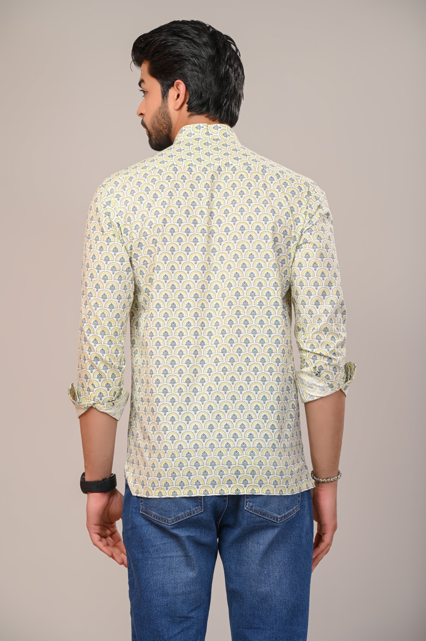 Lime Peacock Luster Jaipuri Printed Men’s Kurta Shirt