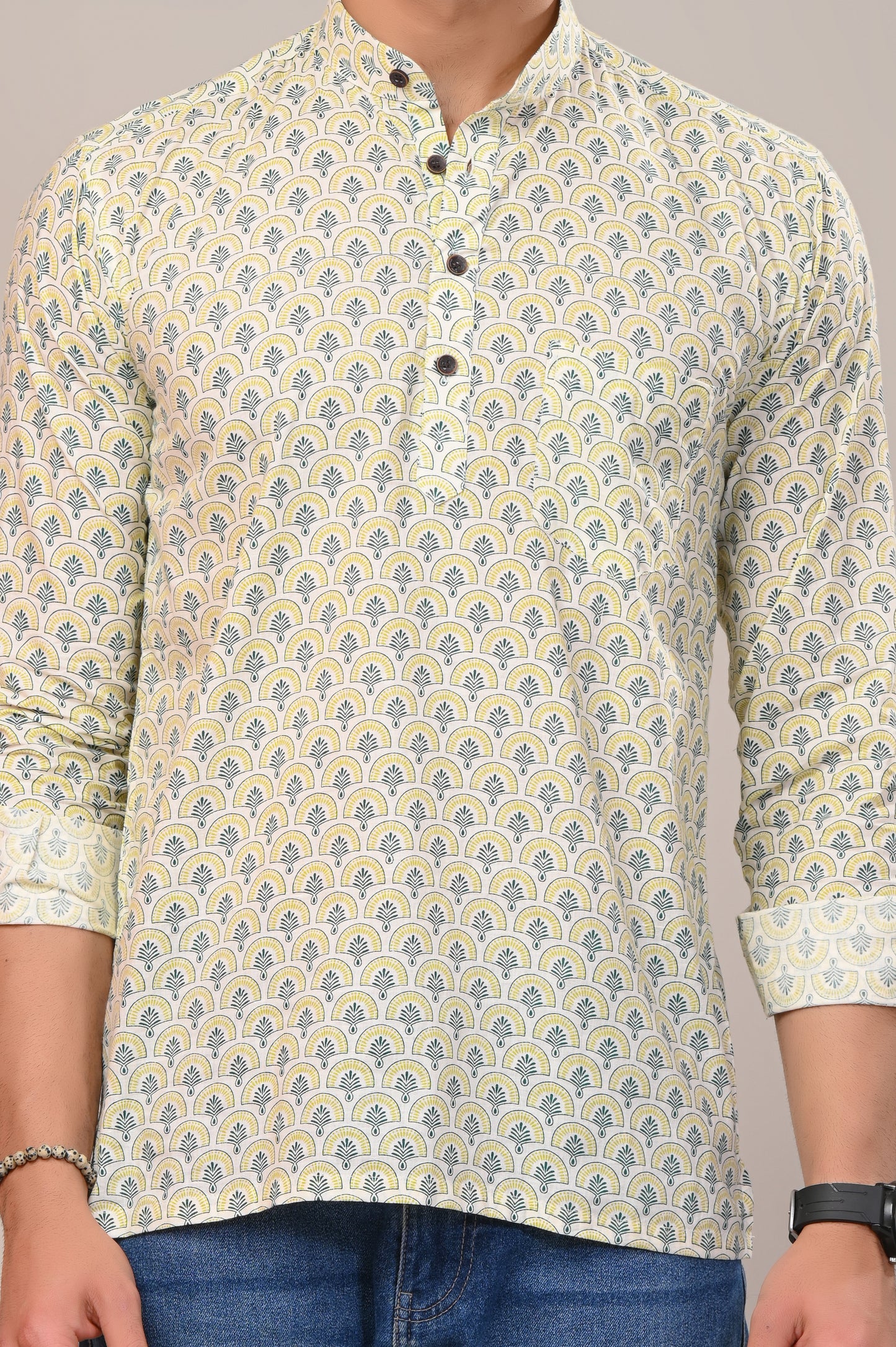 Lime Peacock Luster Jaipuri Printed Men’s Kurta Shirt