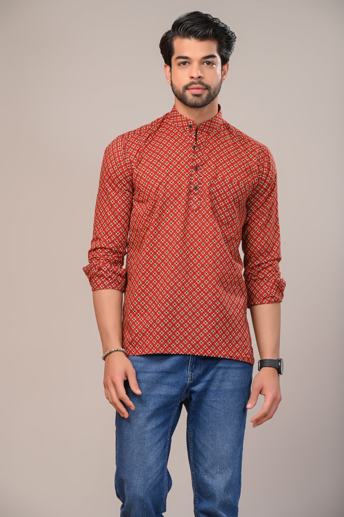 Criss-Cross Jaipuri Printed Men’s Kurta Shirt