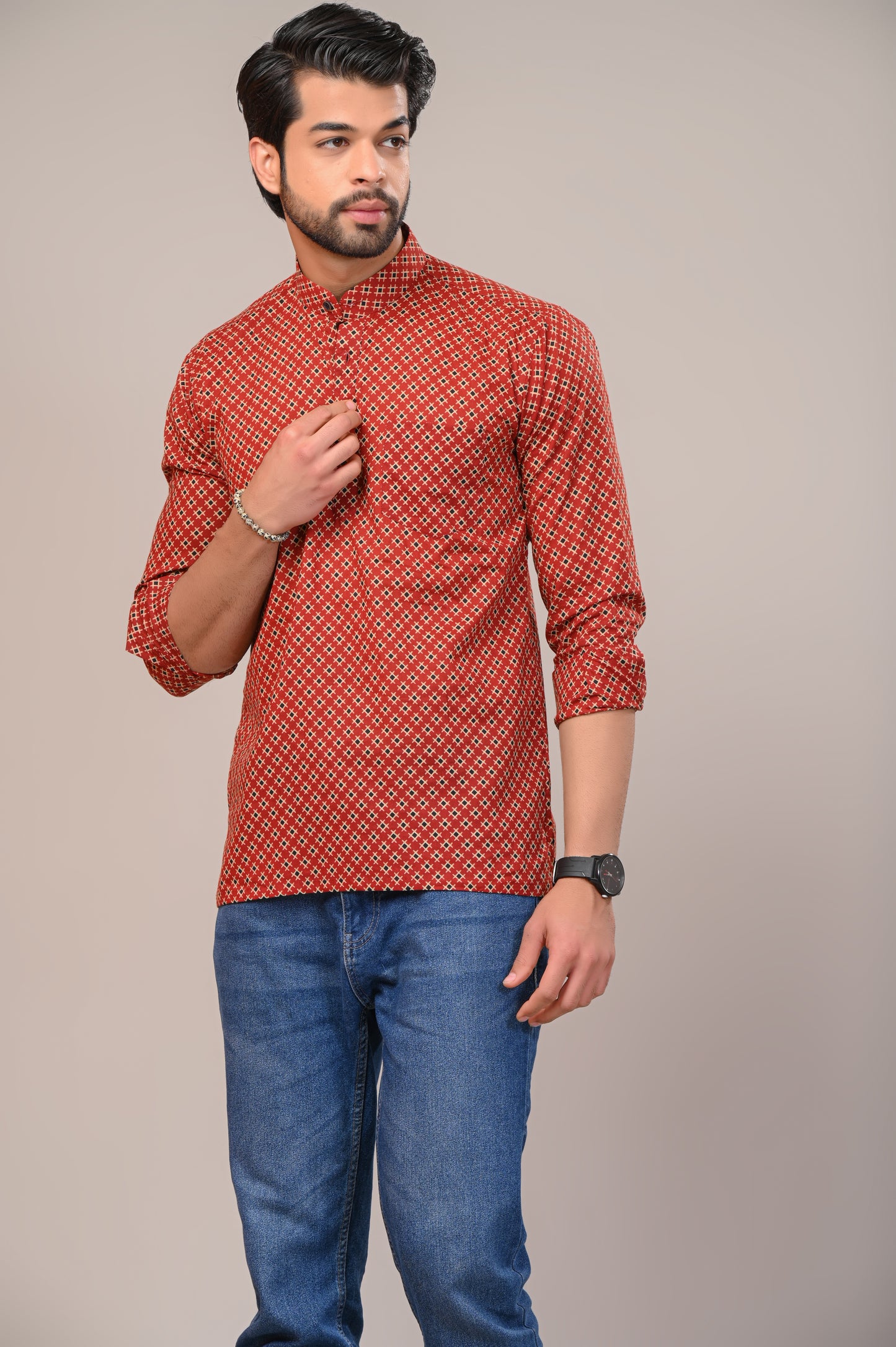 Criss-Cross Jaipuri Printed Men’s Kurta Shirt