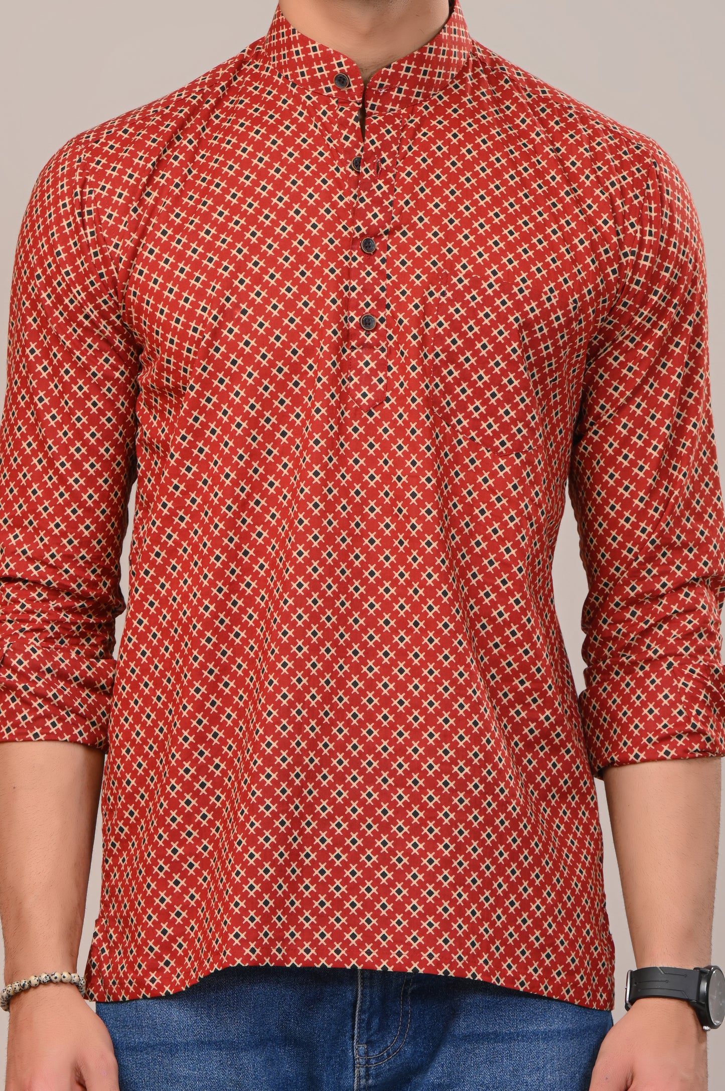 Criss-Cross Jaipuri Printed Men’s Kurta Shirt