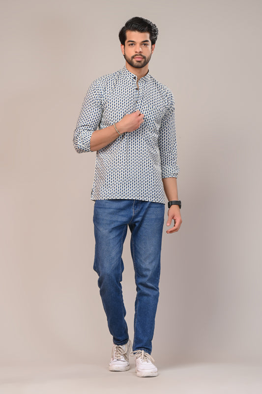 Denim Floral Jaipuri Printed Men’s Kurta Shirt