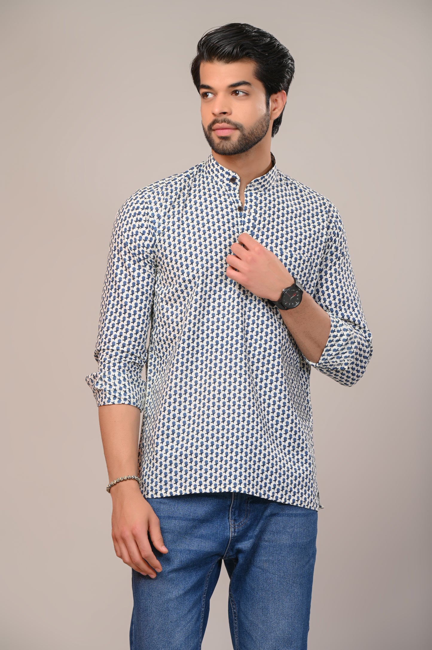 Denim Floral Jaipuri Printed Men’s Kurta Shirt