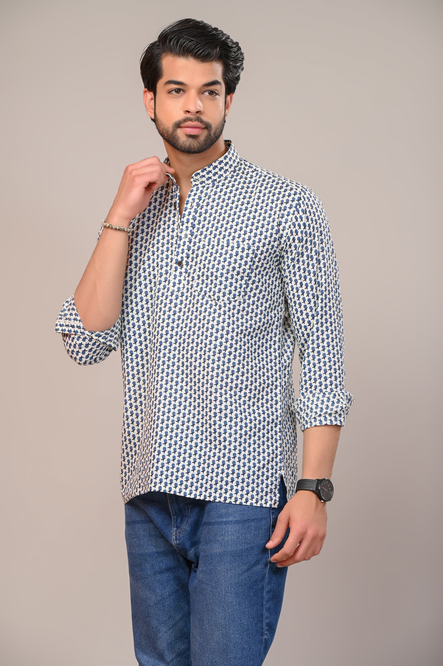 Denim Floral Jaipuri Printed Men’s Kurta Shirt