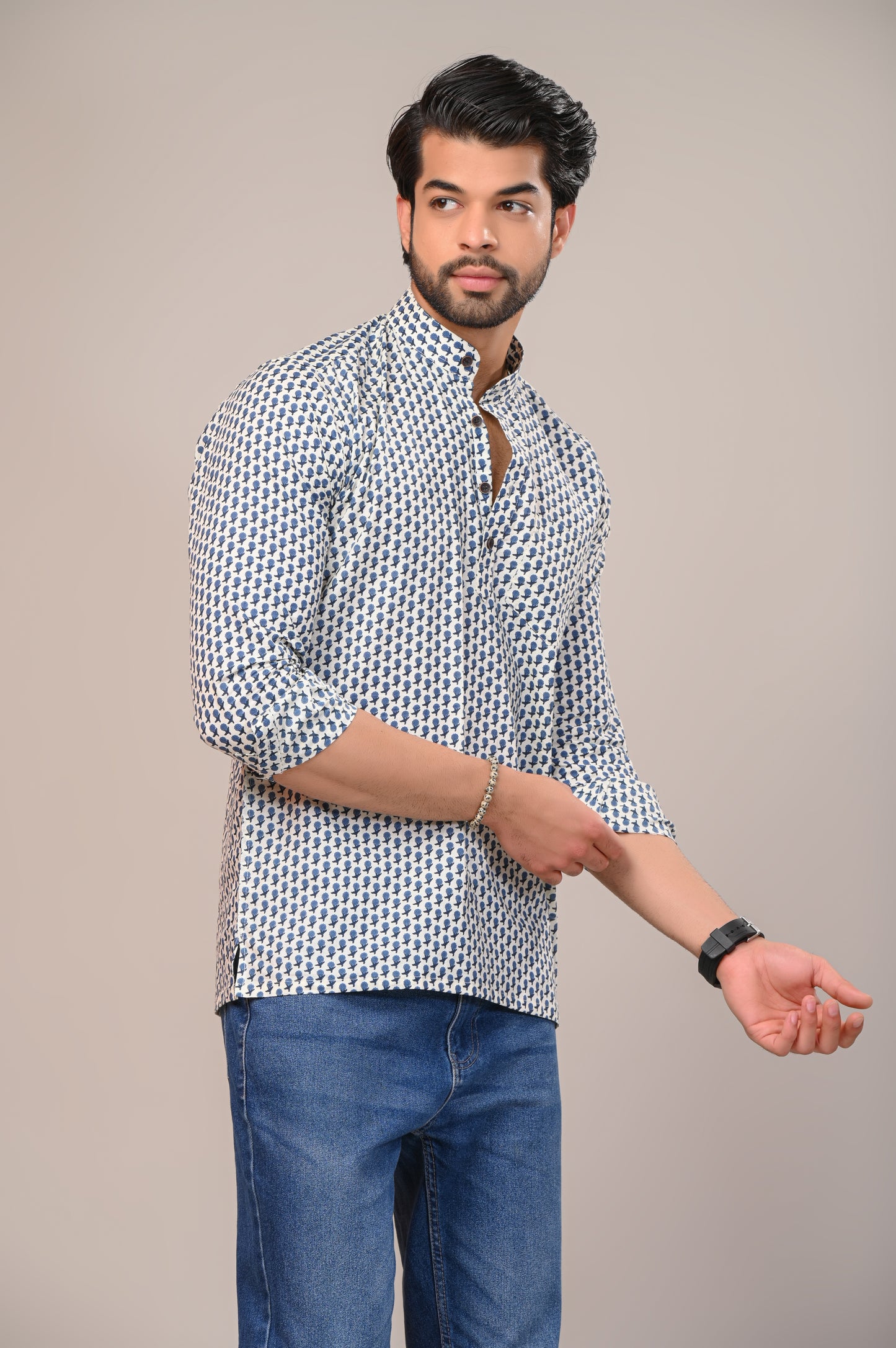 Denim Floral Jaipuri Printed Men’s Kurta Shirt