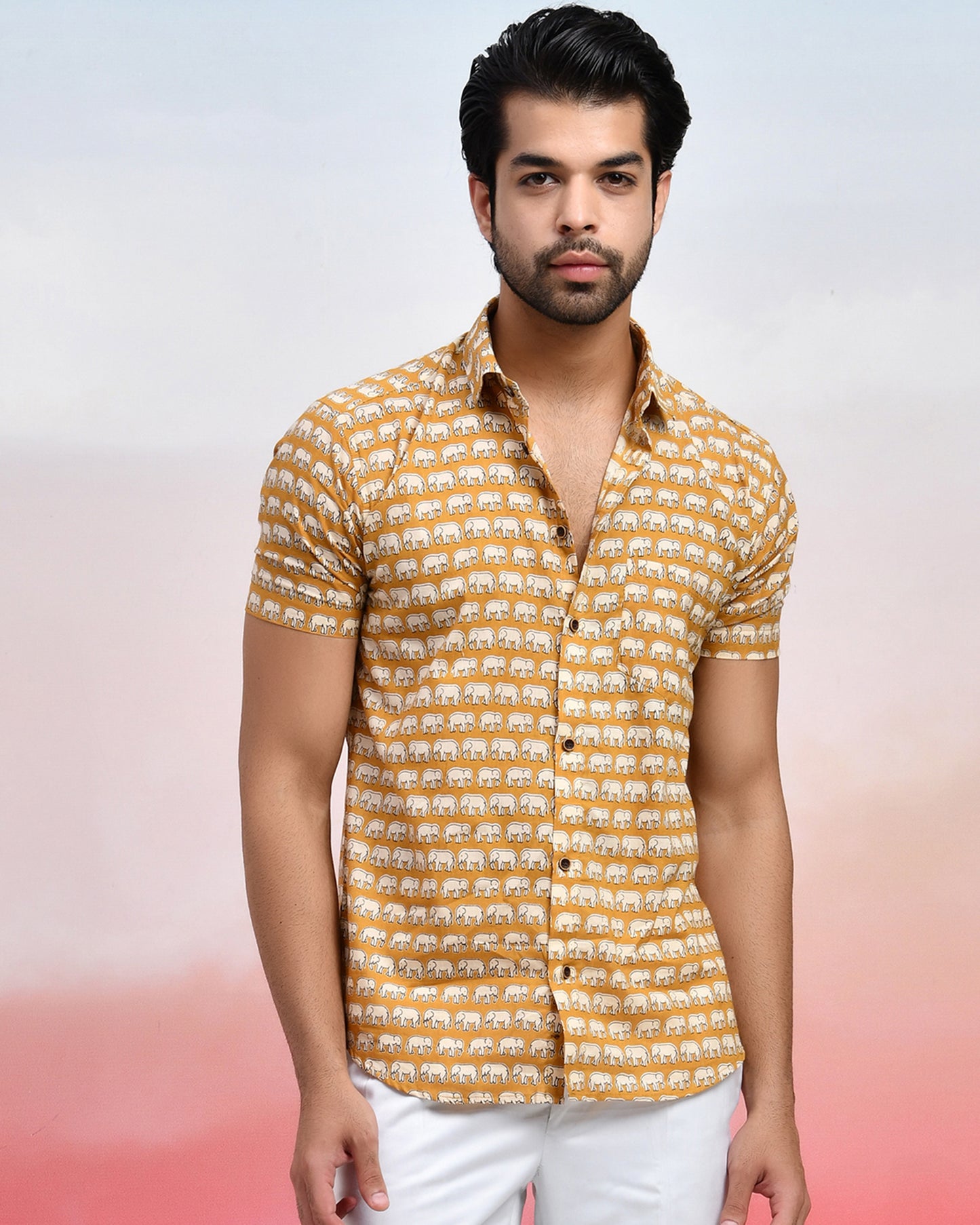Elephant Motif Classic Men's  Half Sleeves Shirt