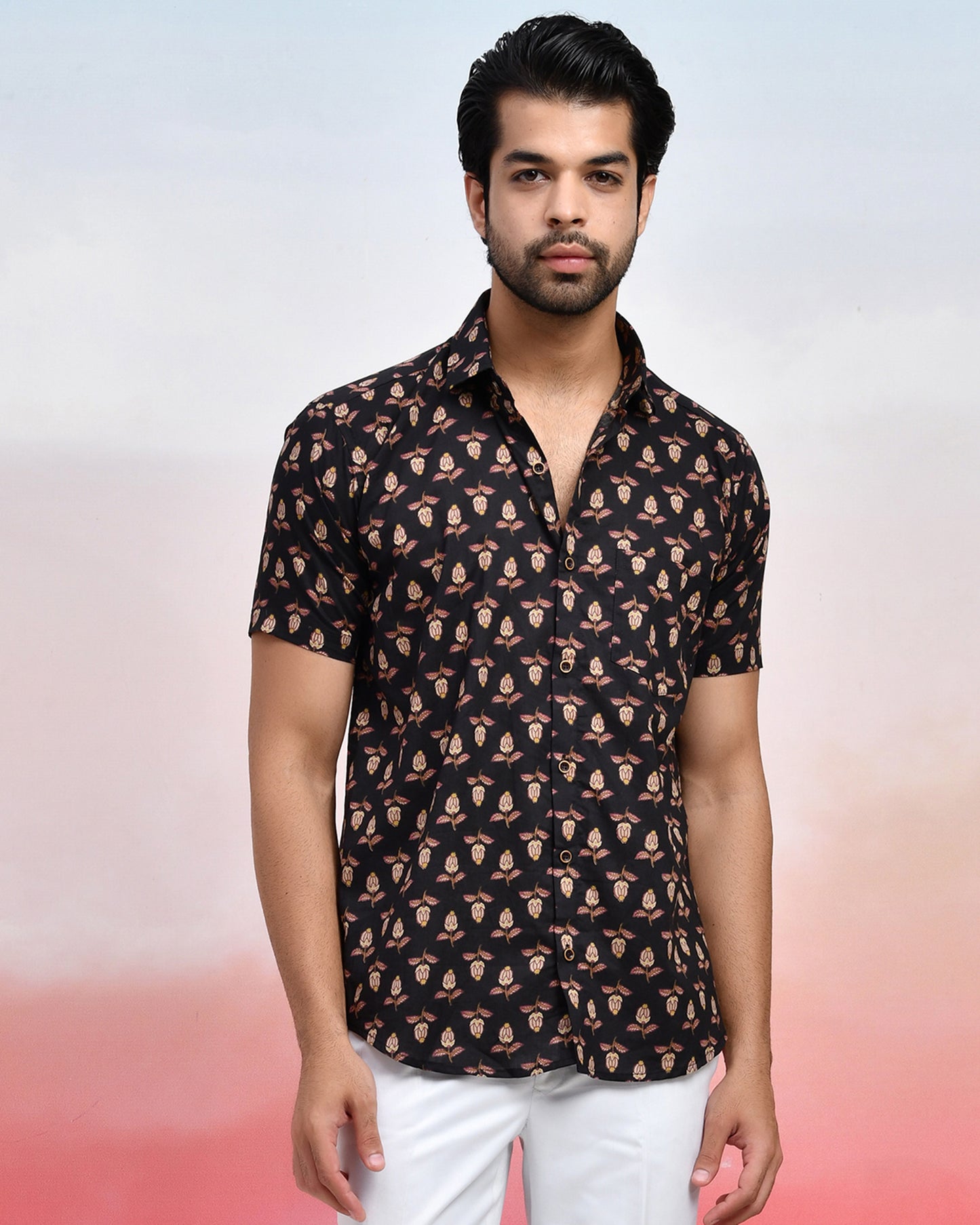Black Petal Print Men's Half Sleeves Shirt