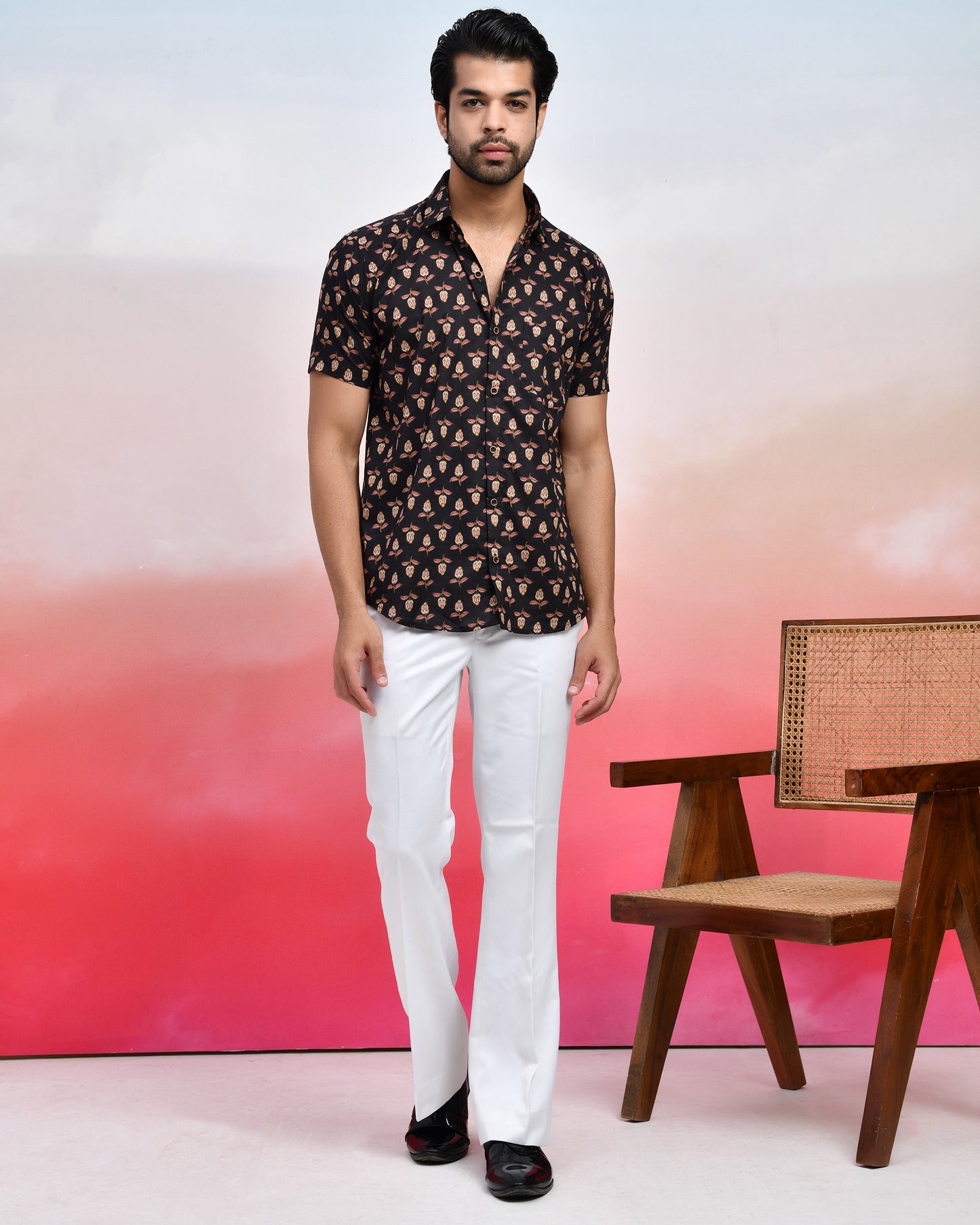 Black Petal Print Men's Half Sleeves Shirt