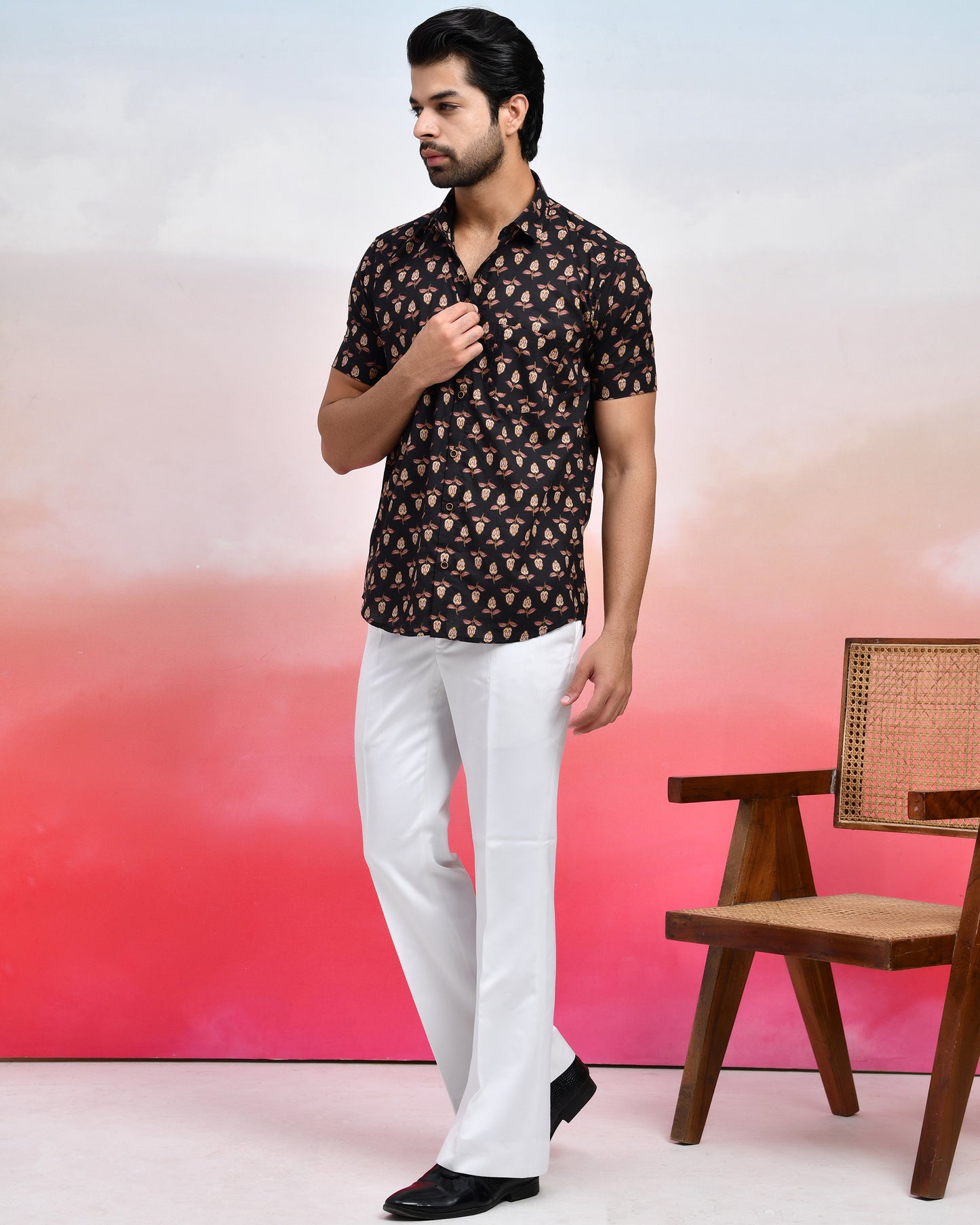 Black Petal Print Men's Half Sleeves Shirt