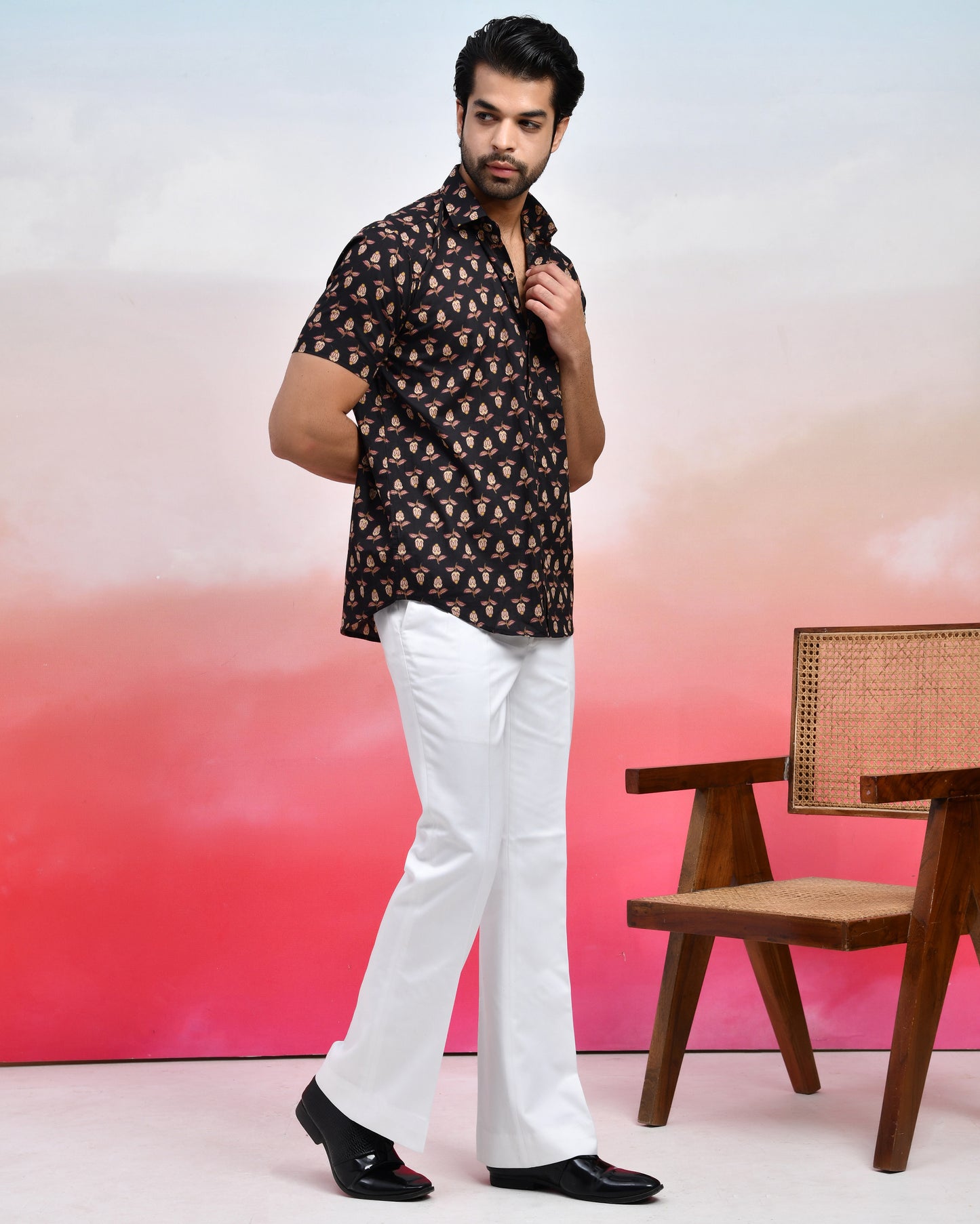 Black Petal Print Men's Half Sleeves Shirt