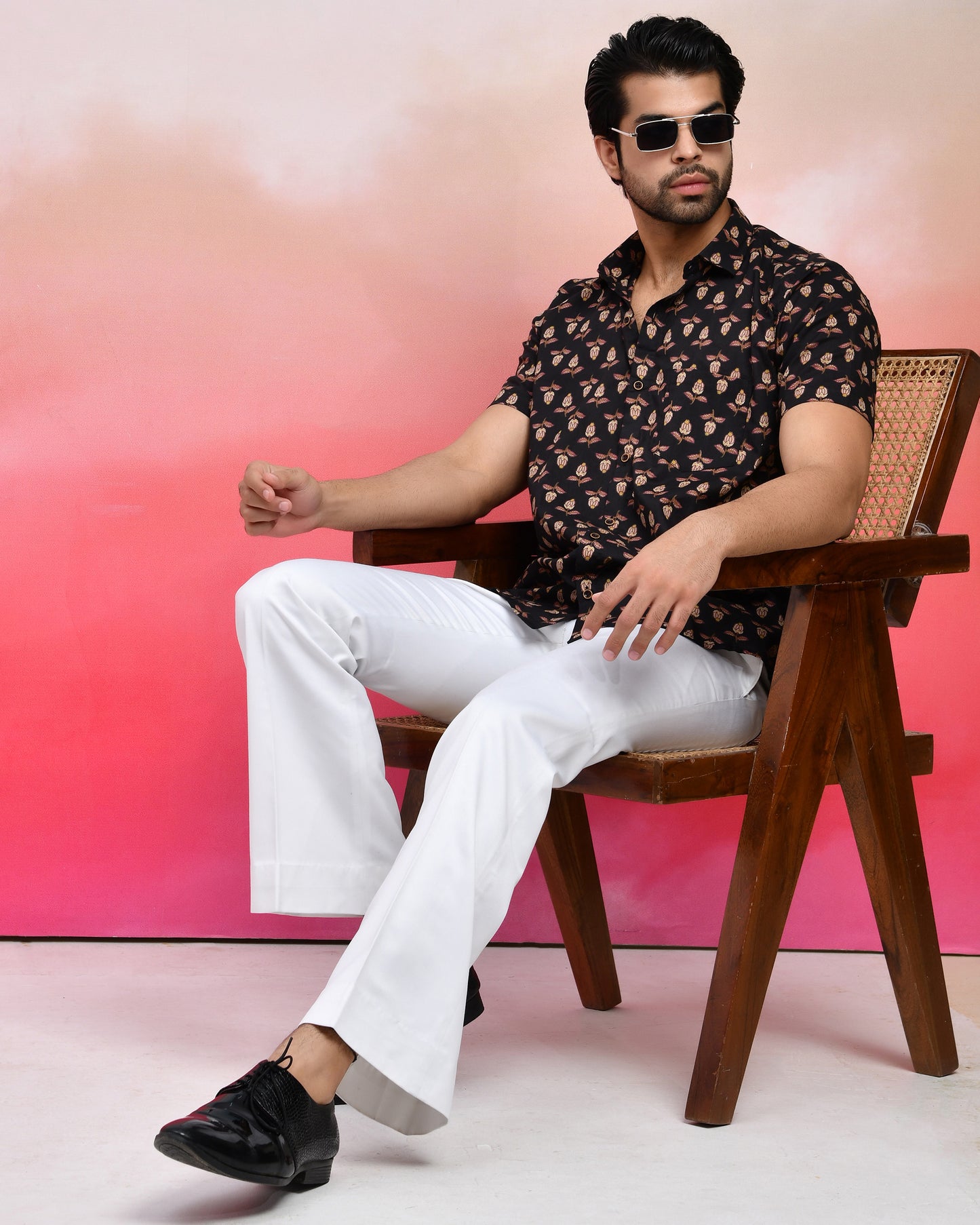 Black Petal Print Men's Half Sleeves Shirt