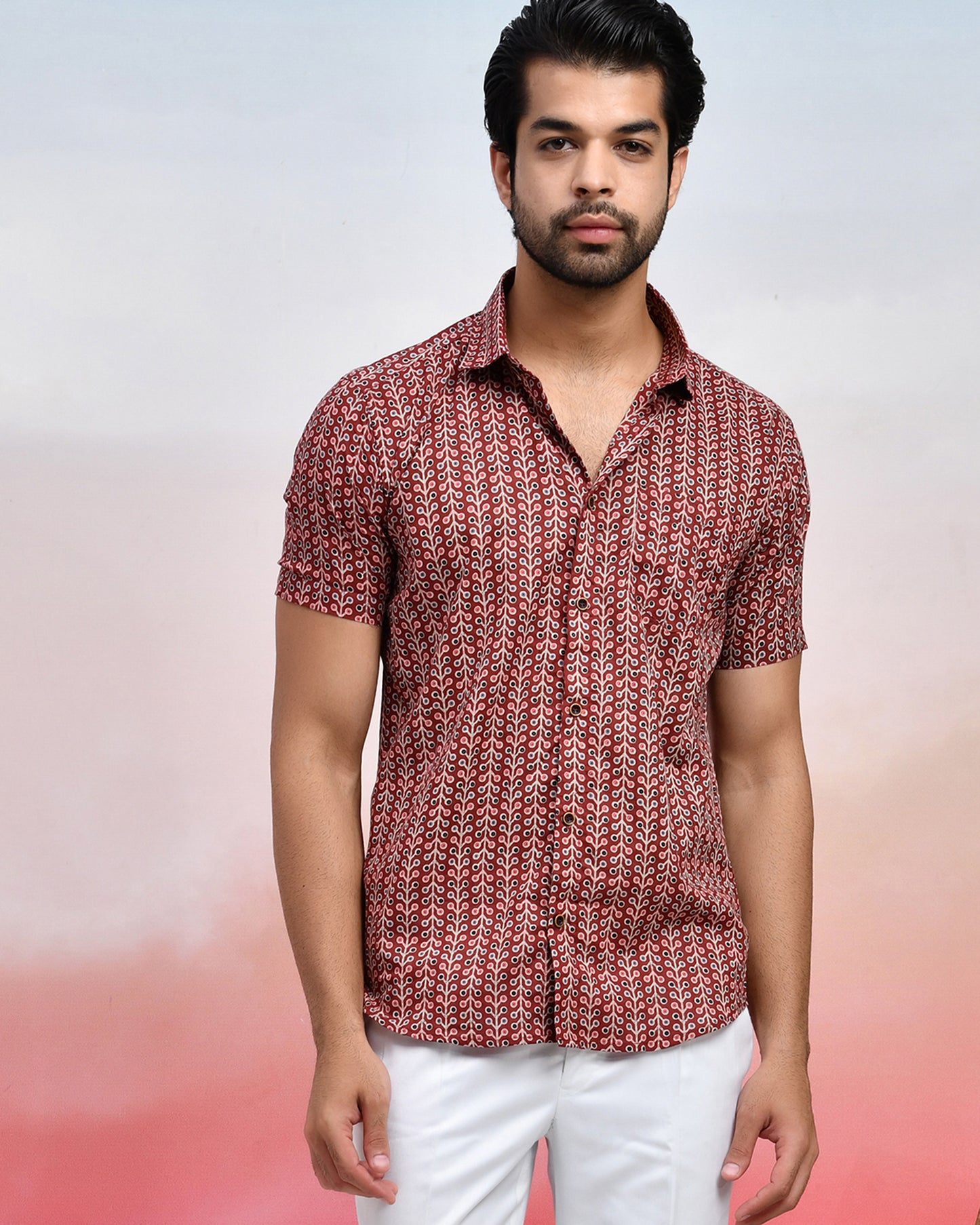 Maroon Geometric Print Men's Half Sleeves Shirt