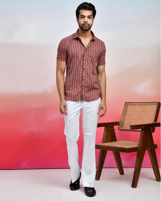 Maroon Geometric Print Men's Half Sleeves Shirt