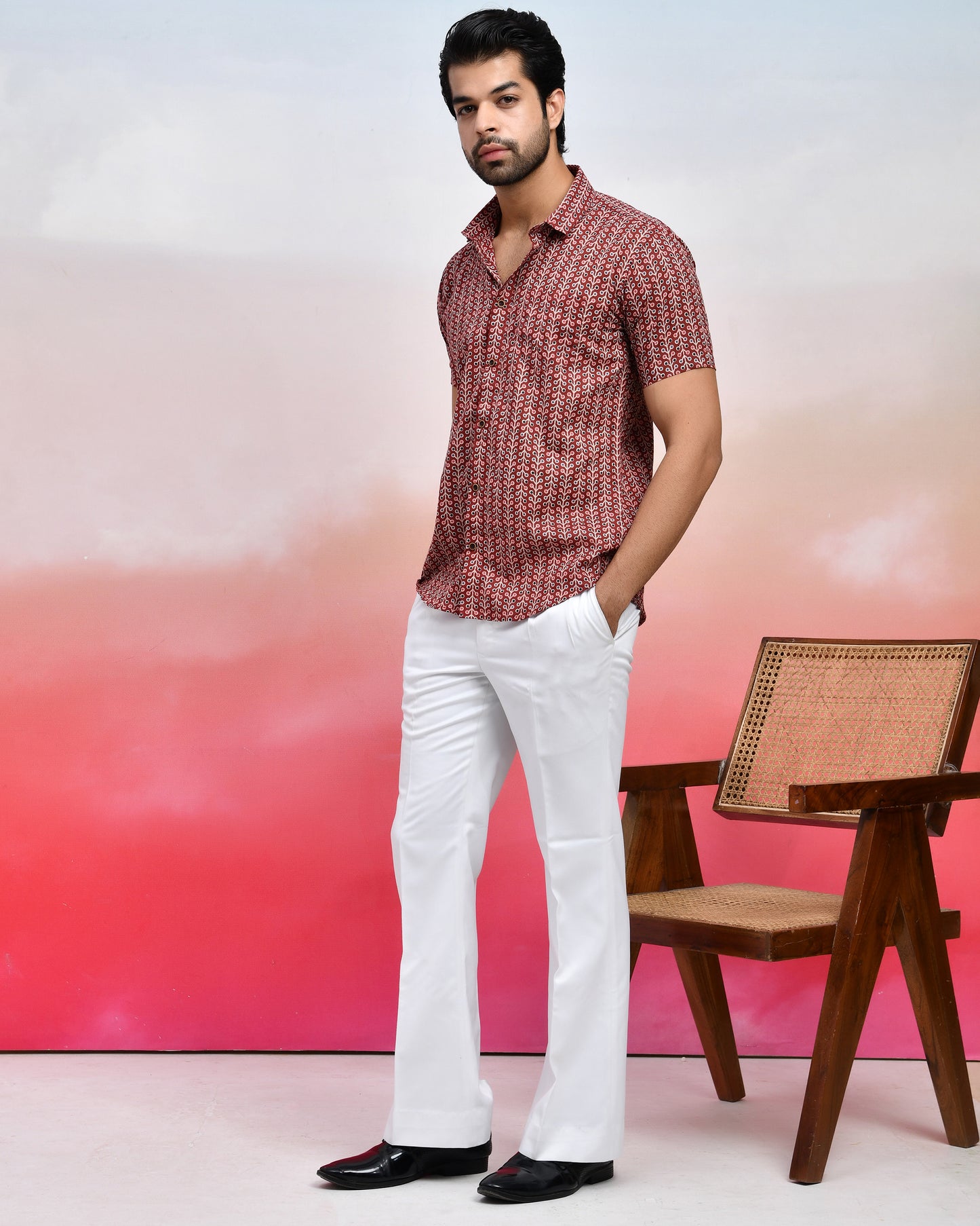 Maroon Geometric Print Men's Half Sleeves Shirt