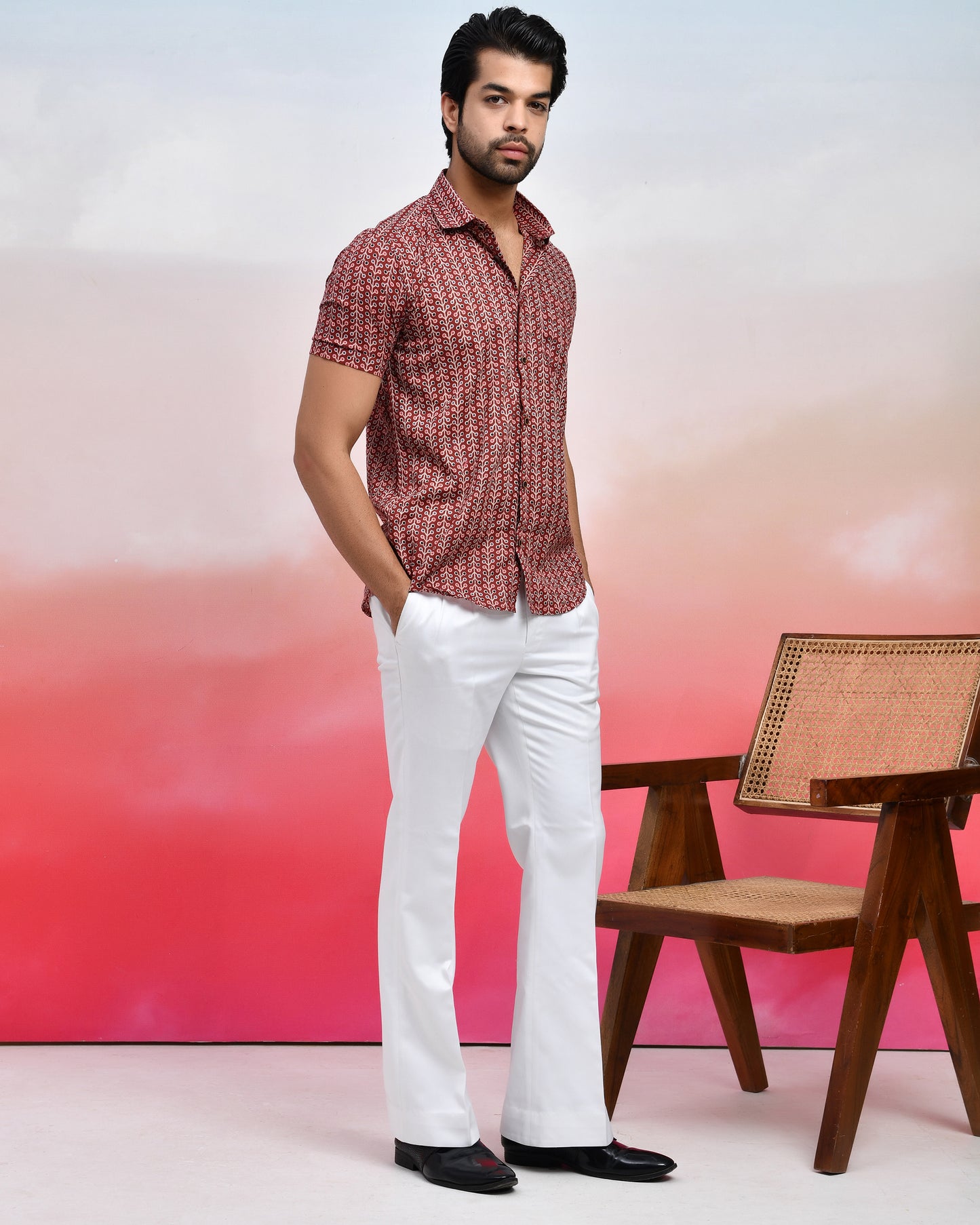 Maroon Geometric Print Men's Half Sleeves Shirt