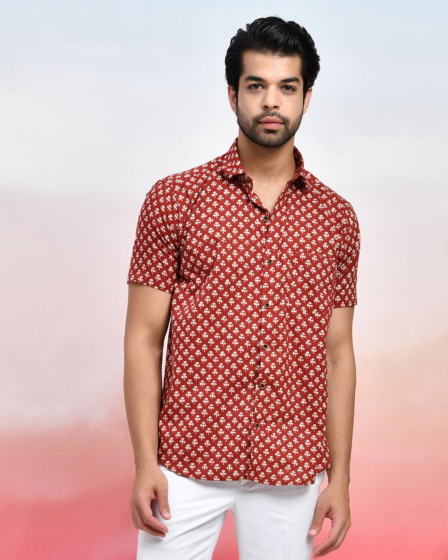 Maroon All-Over Booti Print Men's Half Sleeves Shirt