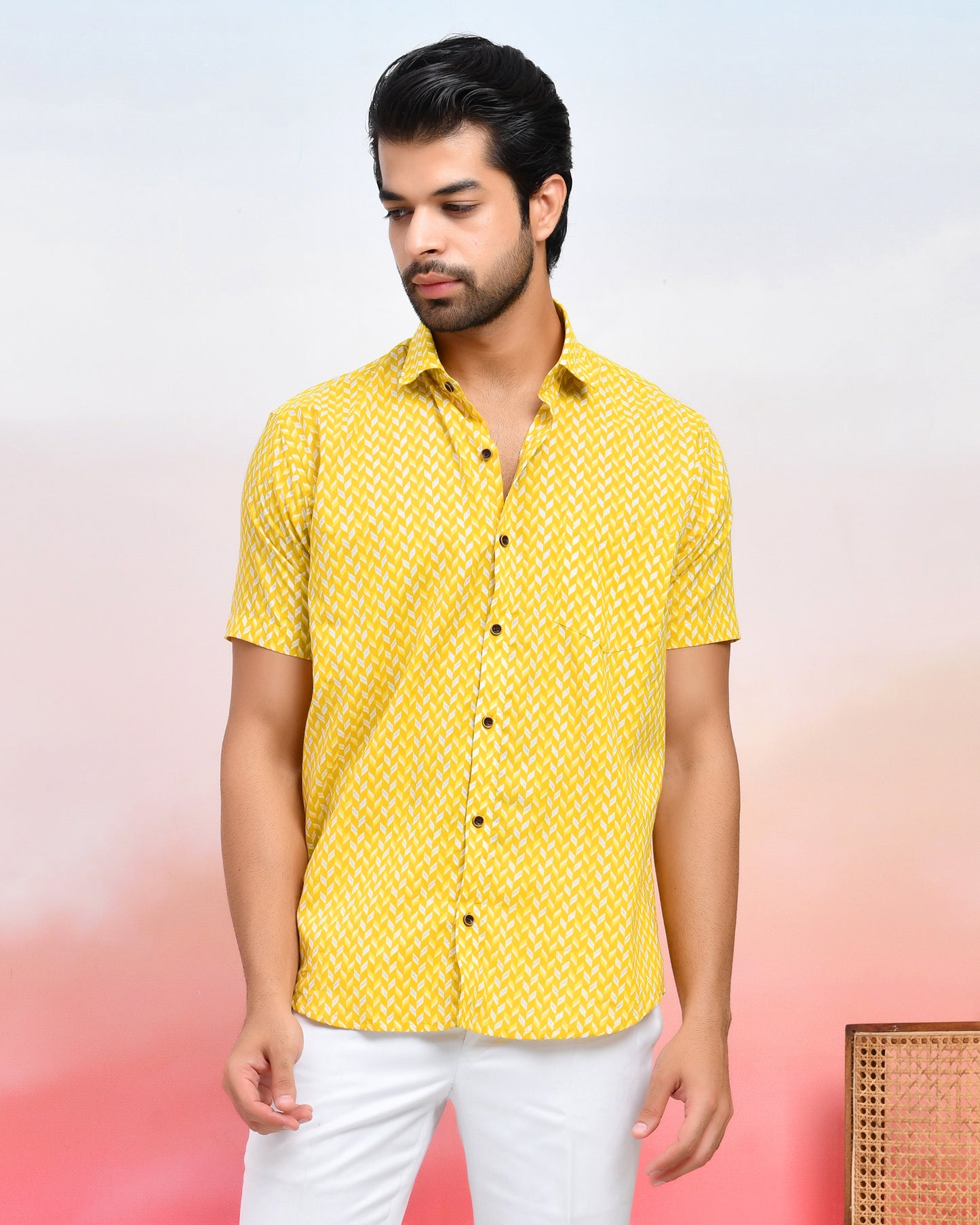 Yellow Herringbone Print Men's Half Sleeves Shirt