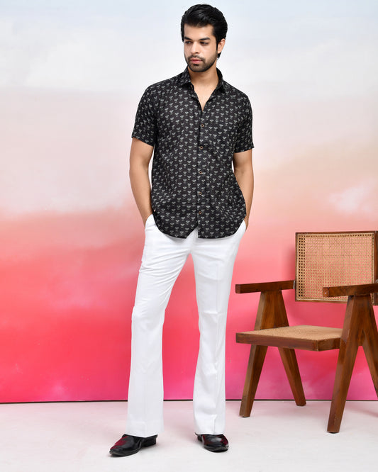 Black Tonal Floral Pattern Print Men's Half Sleeves Shirt