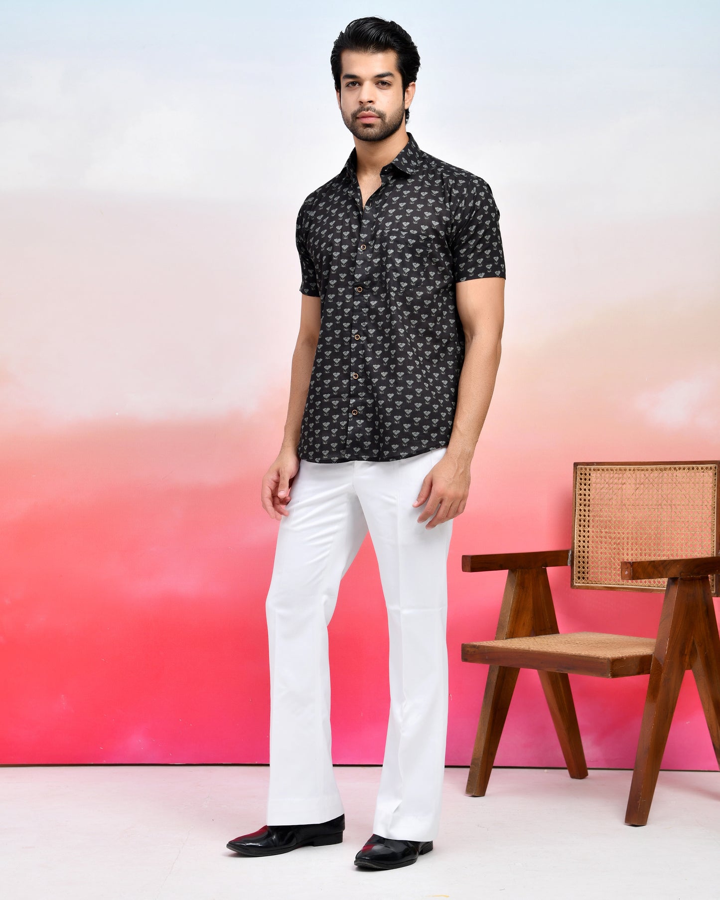 Black Tonal Floral Pattern Print Men's Half Sleeves Shirt
