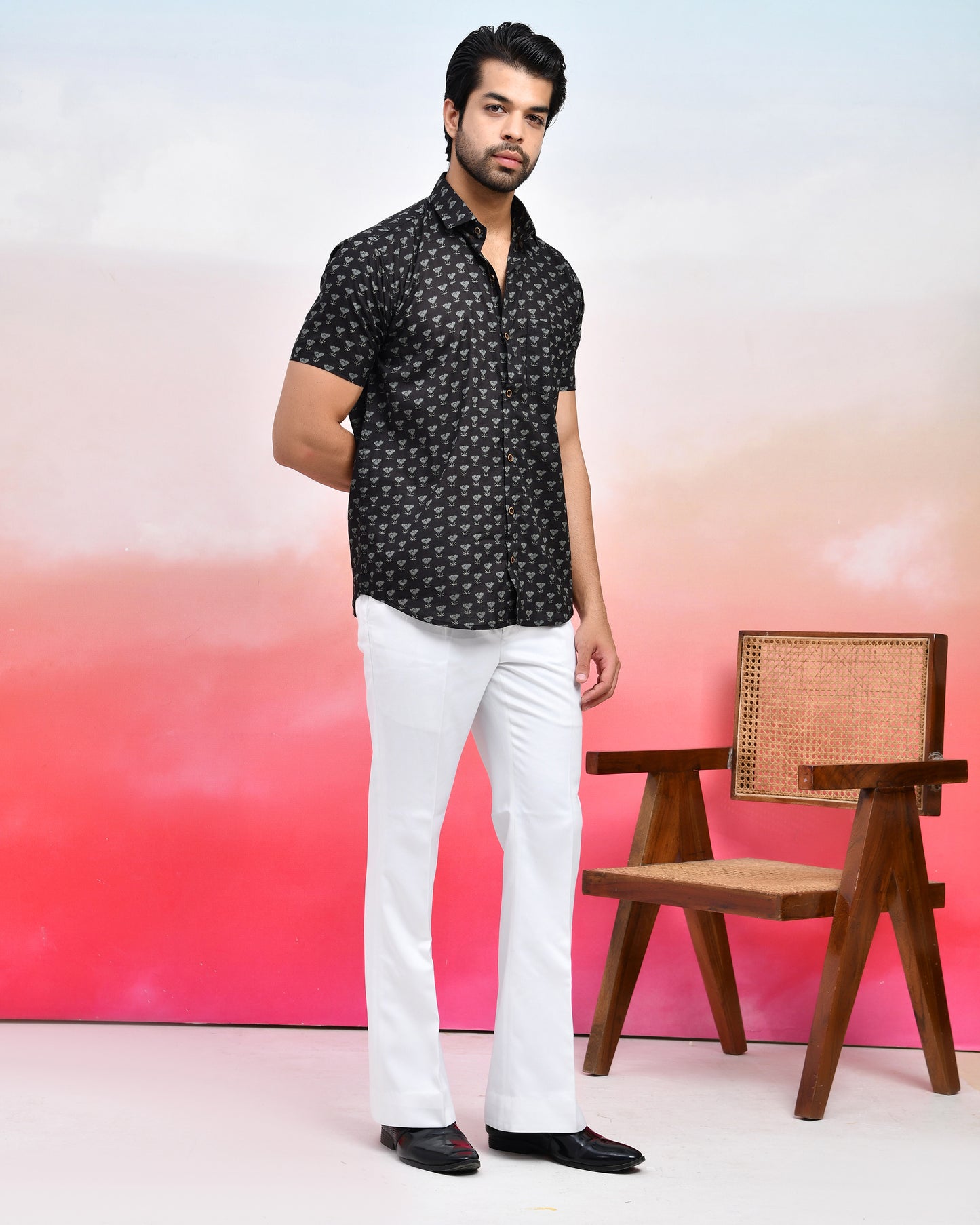 Black Tonal Floral Pattern Print Men's Half Sleeves Shirt