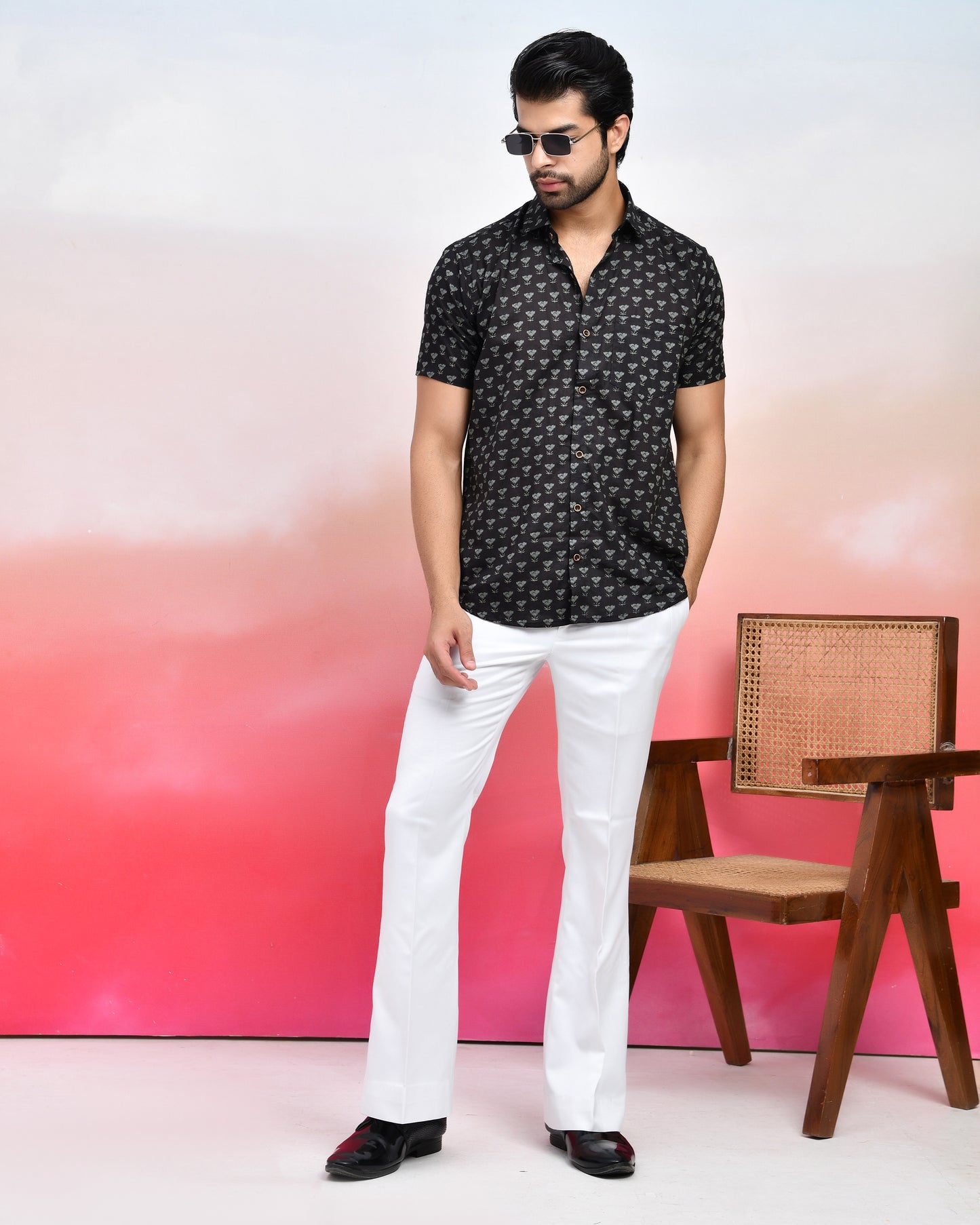 Black Tonal Floral Pattern Print Men's Half Sleeves Shirt