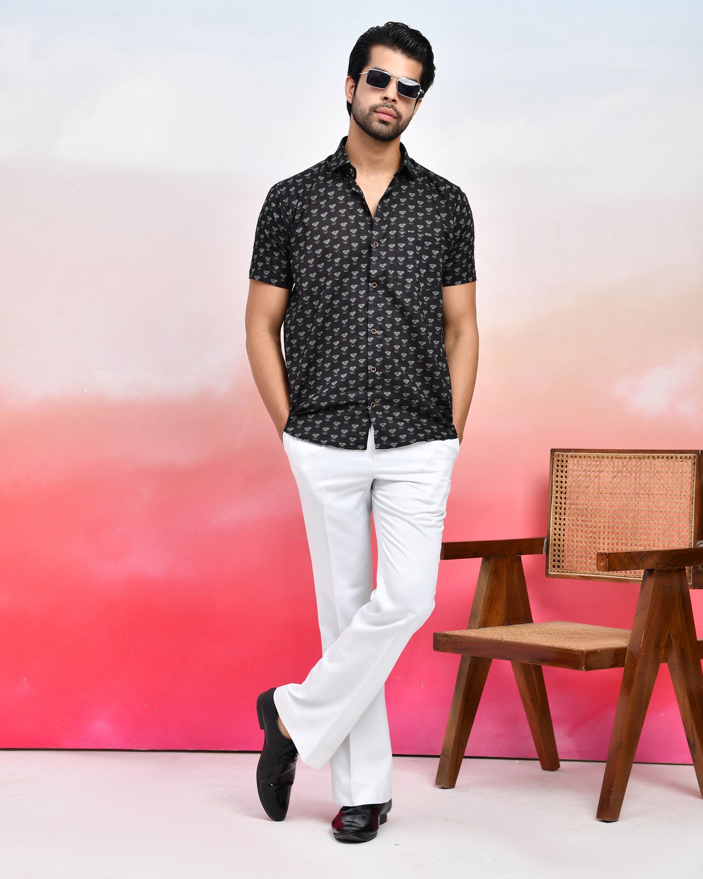 Black Tonal Floral Pattern Print Men's Half Sleeves Shirt