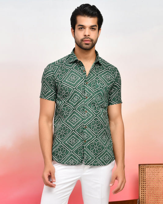 Green Bandhani Print Cotton Men's  Half Sleeves Shirt