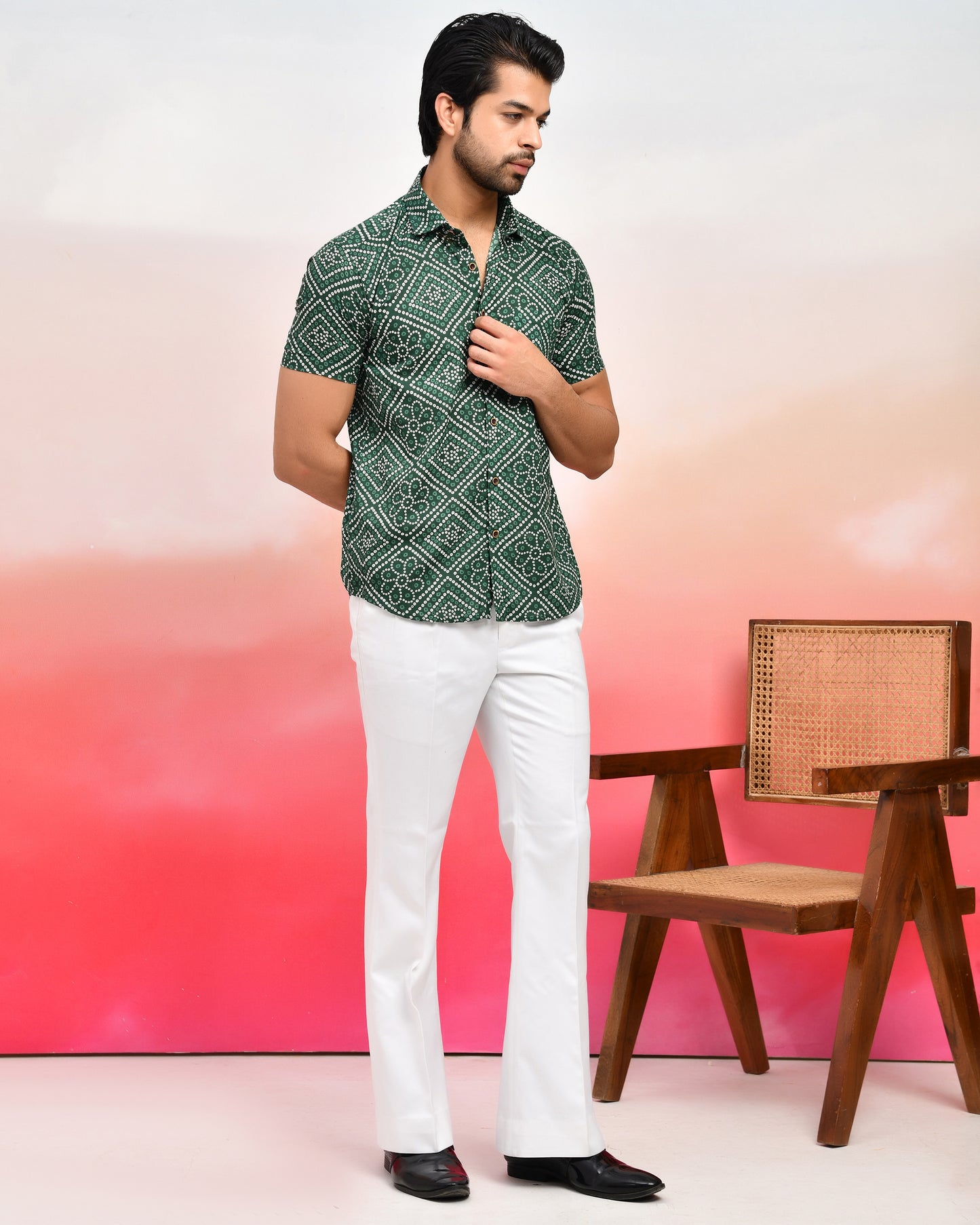 Green Bandhani Print Cotton Men's  Half Sleeves Shirt