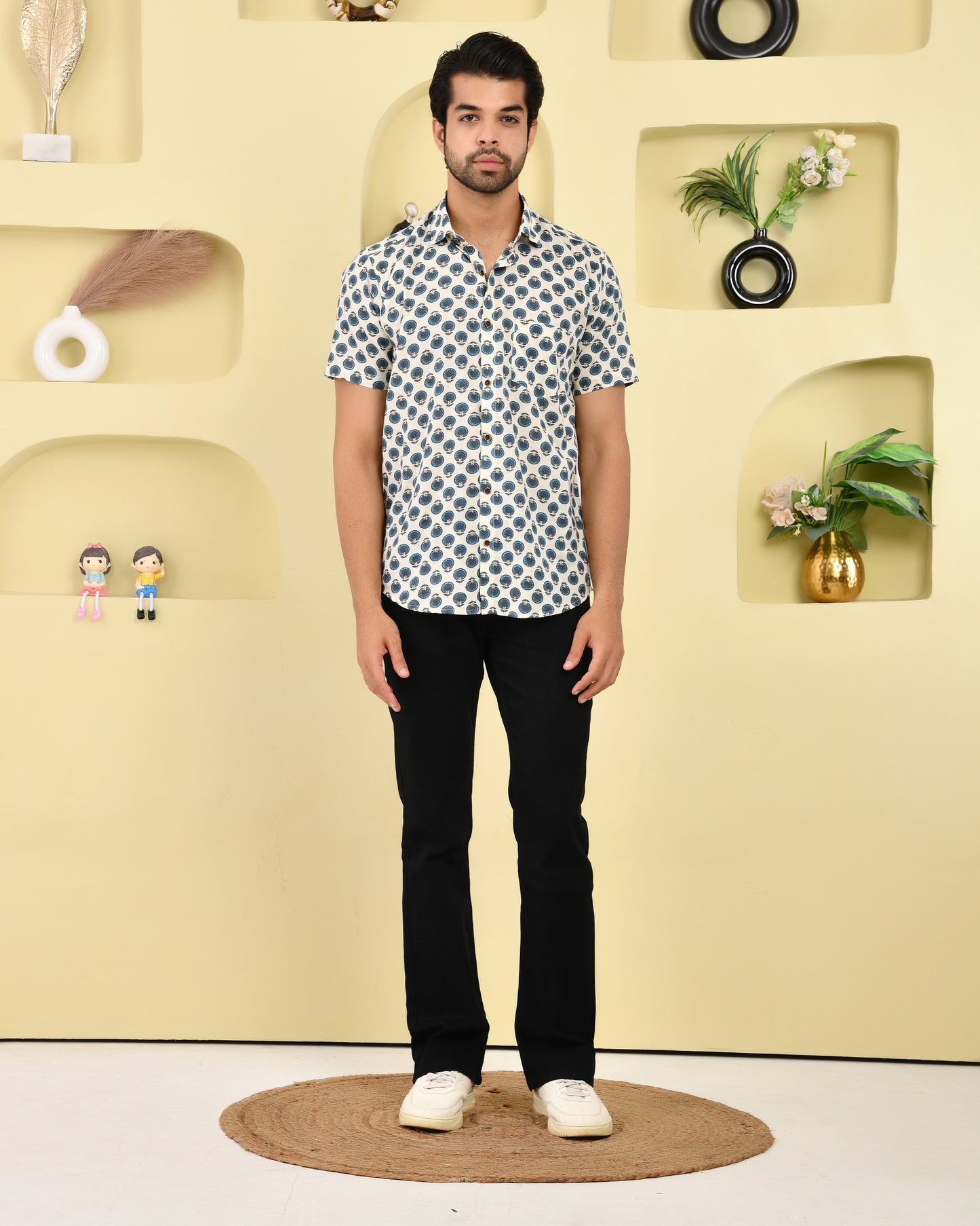 Peacock Motif Casual Cotton Men's  Half Sleeves Shirt