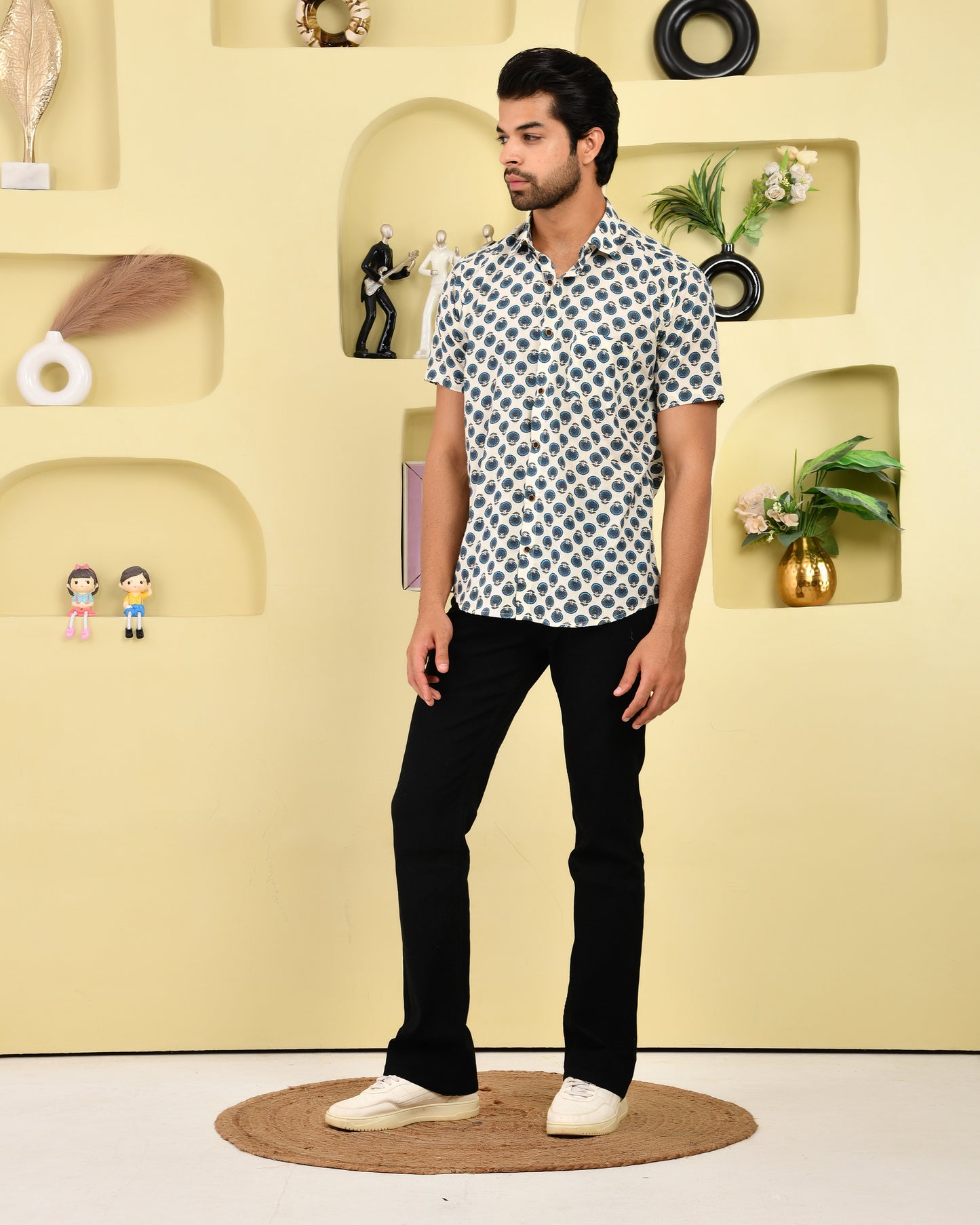 Peacock Motif Casual Cotton Men's  Half Sleeves Shirt