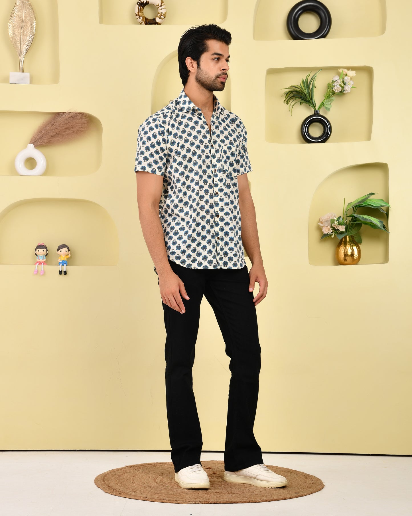 Peacock Motif Casual Cotton Men's  Half Sleeves Shirt