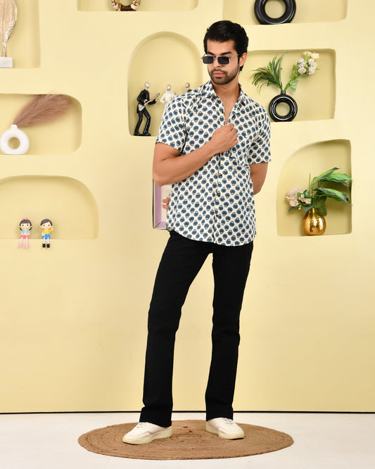 Peacock Motif Casual Cotton Men's  Half Sleeves Shirt