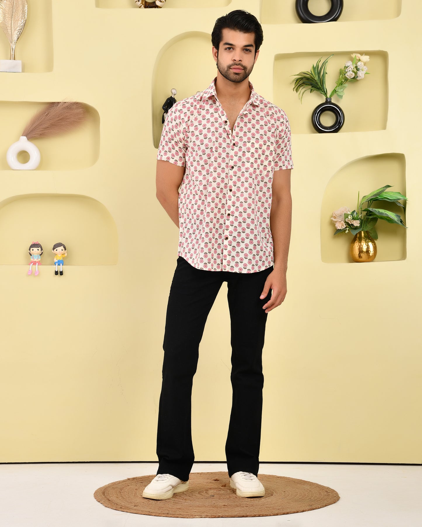 Coral Blossom Print Men's Half Sleeves Shirt